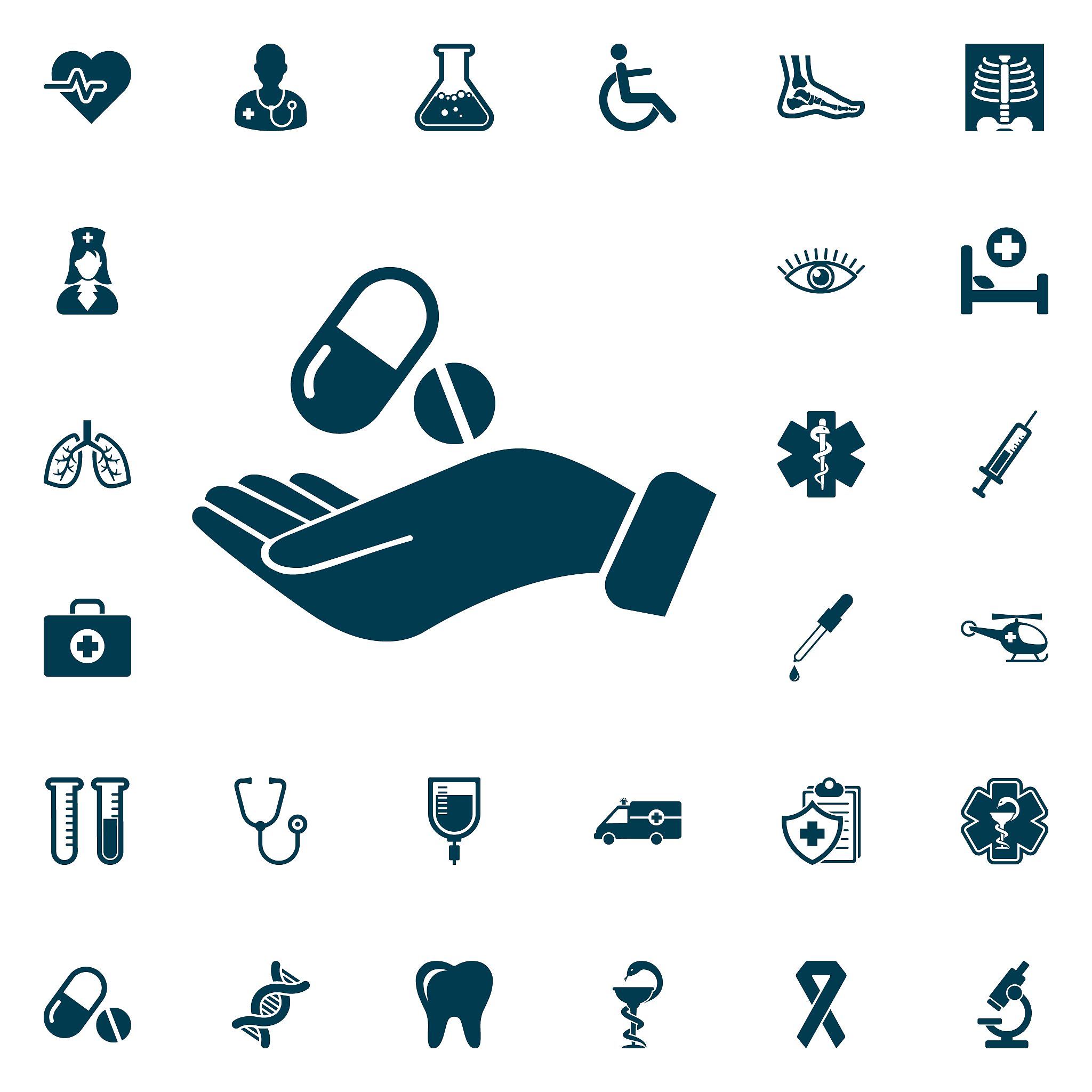 pill in the hand icon, medical set on white background. health c