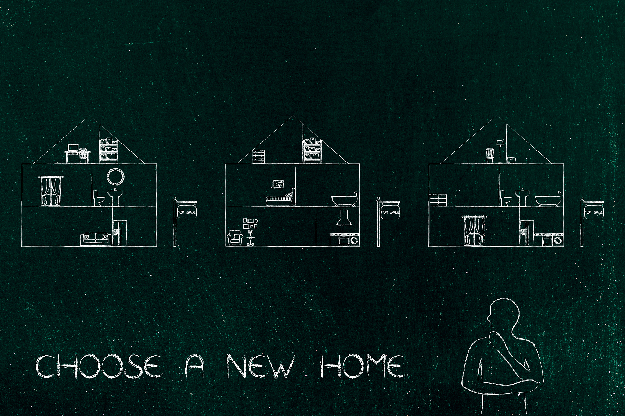doubtful man looking at 3 different housing options
