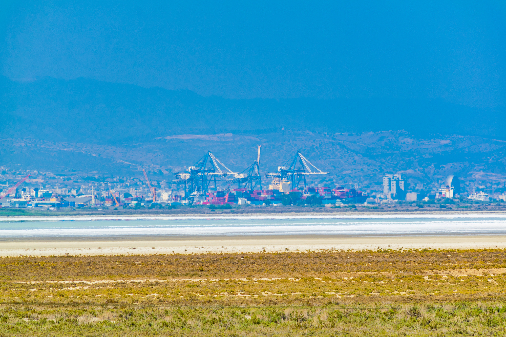 limassol viewed behind akrotiri salt lake on cyprus