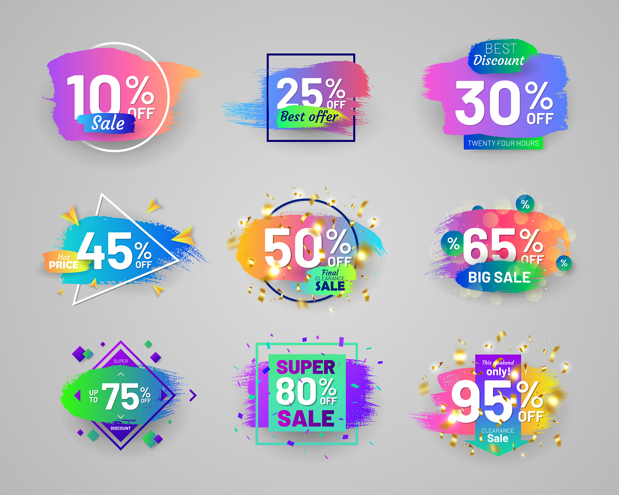 bright retail labels set with paintbrush strokes