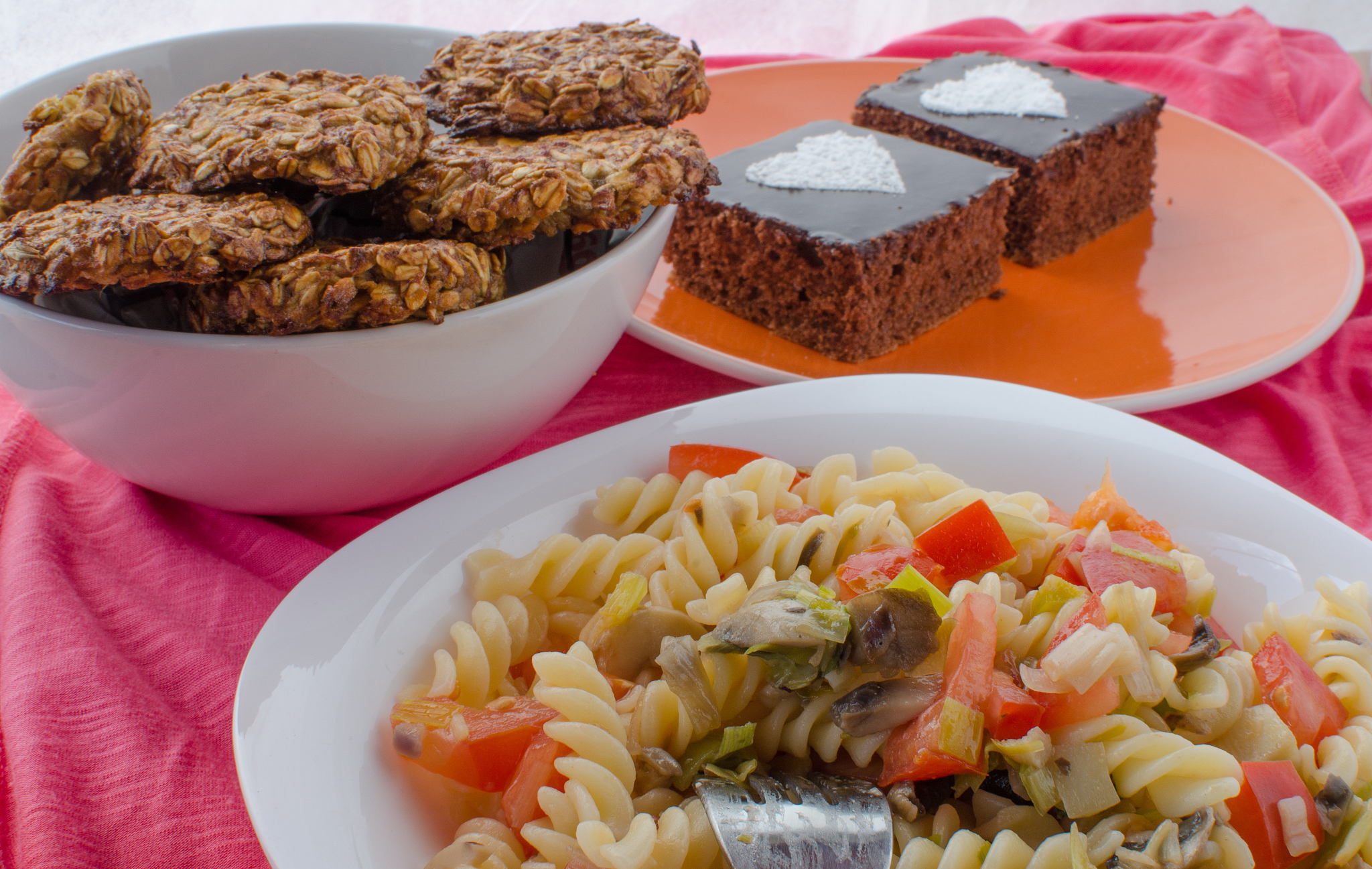 chocolate cake, salad and home made cookies