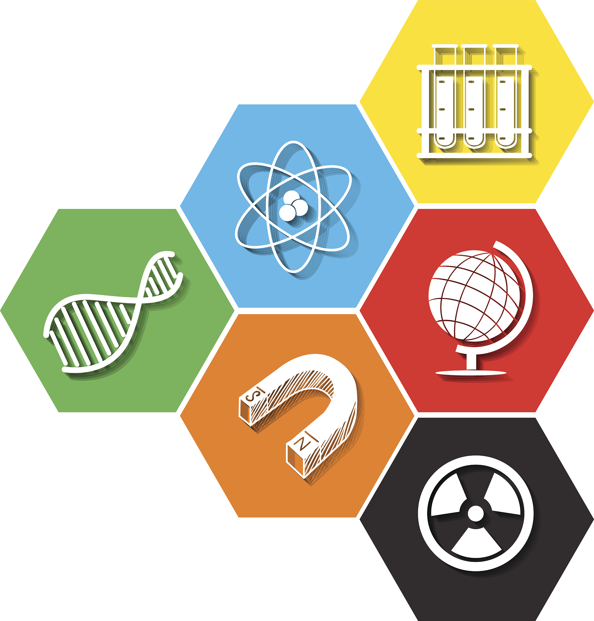 different symbol of sciene on hexagon