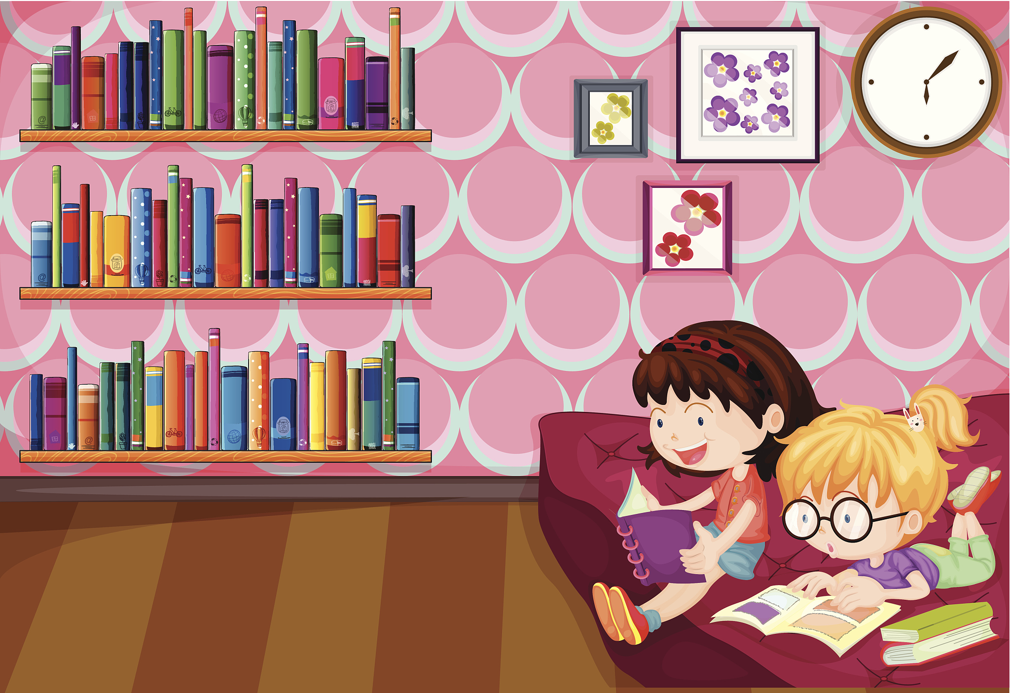 two girls reading inside the house