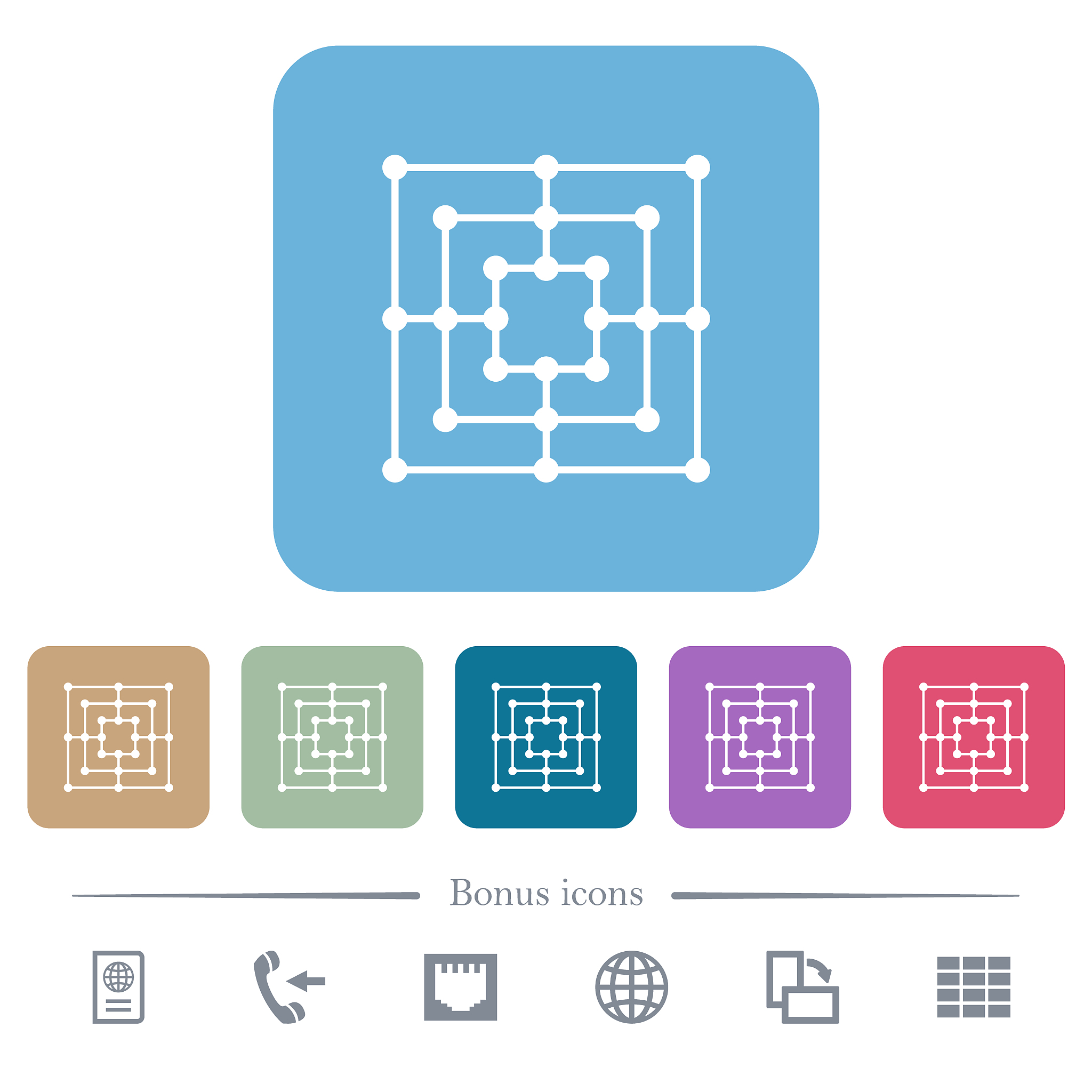 nine men's morris game board flat icons on color rounded square 