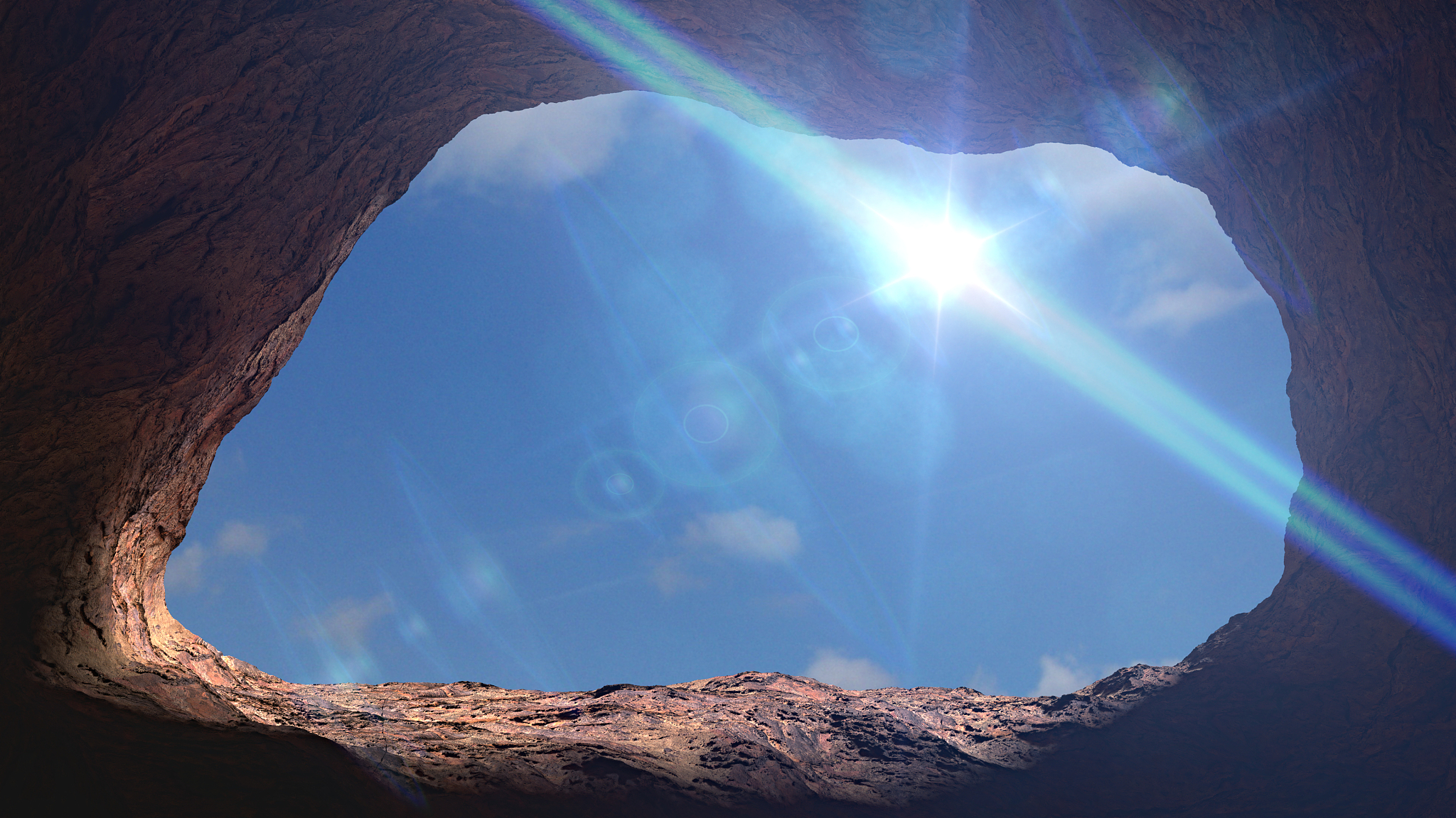 cave entrance, mysterious den opening with blue sky