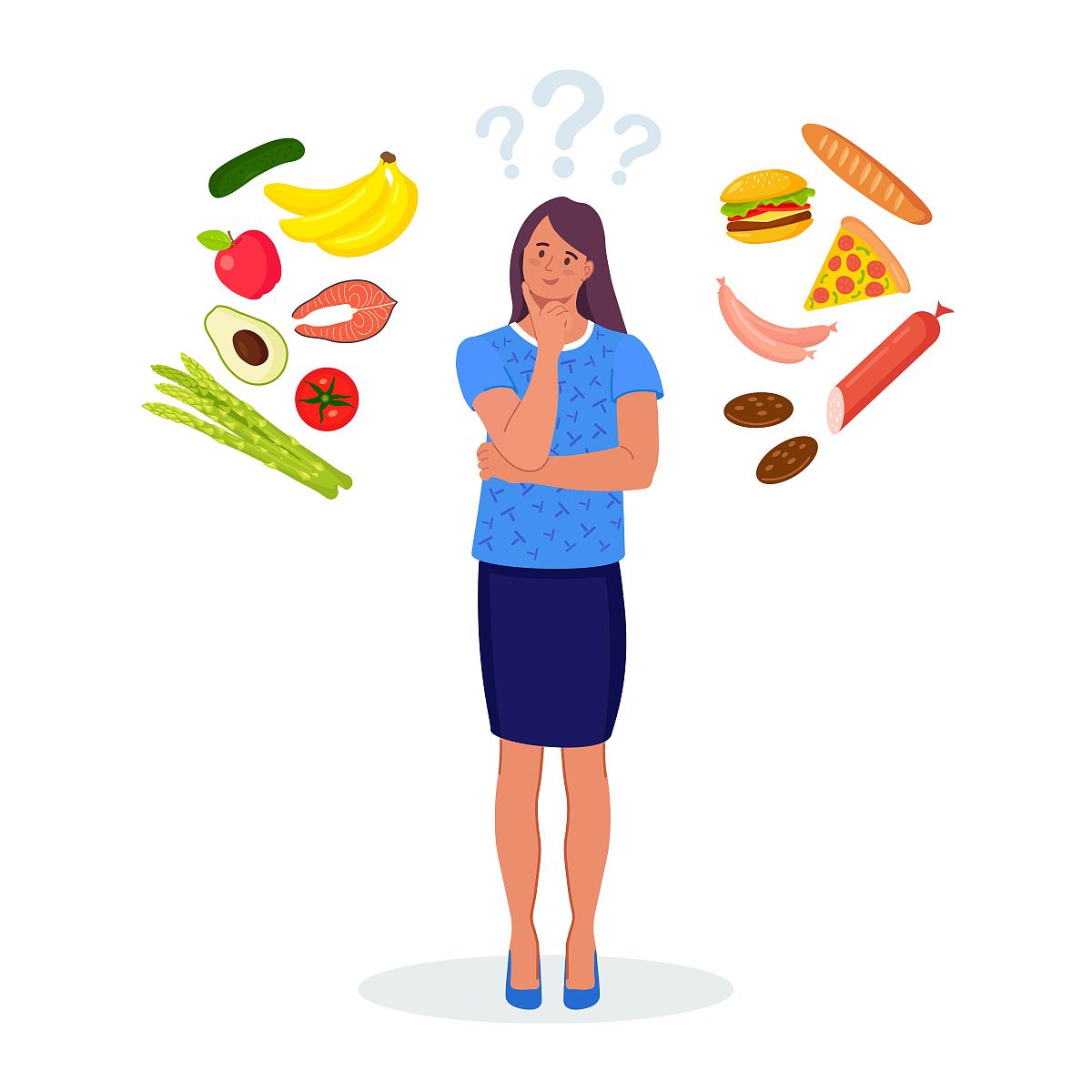 在<strong>健康</strong>食品和不健康食品之间做选择的女人.快餐和平衡菜单比较,节食.