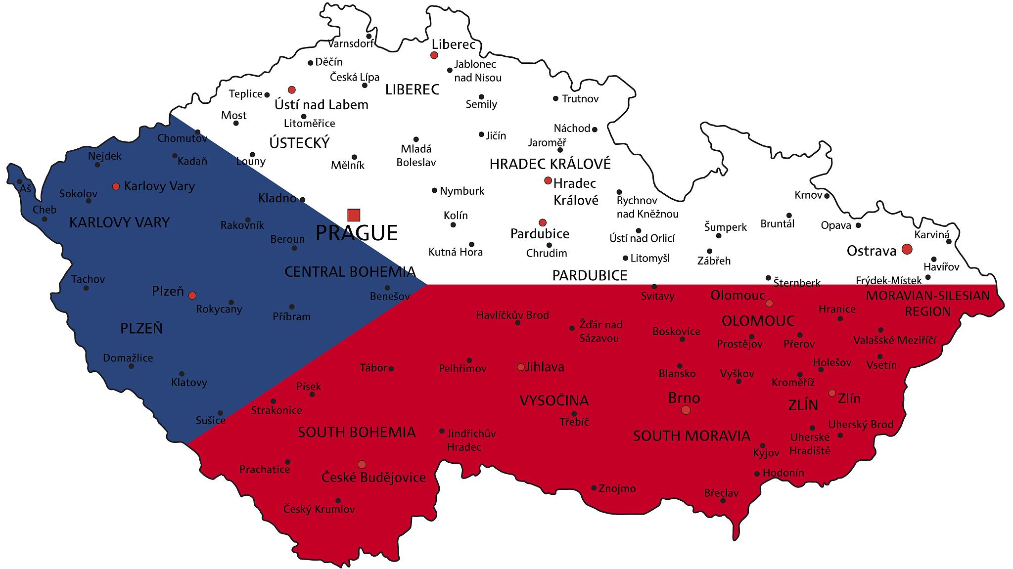 czech republic highly detailed political map with national flag.
