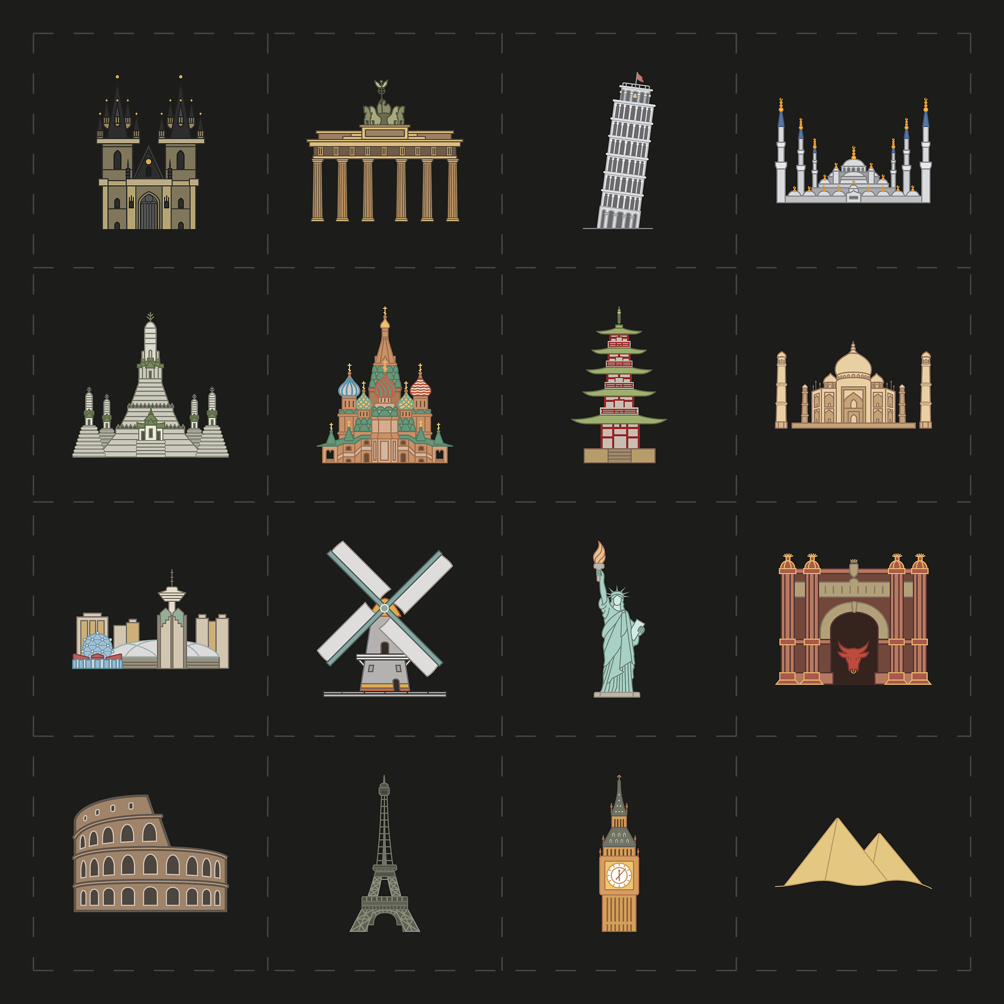 sixteen flat landmark icons