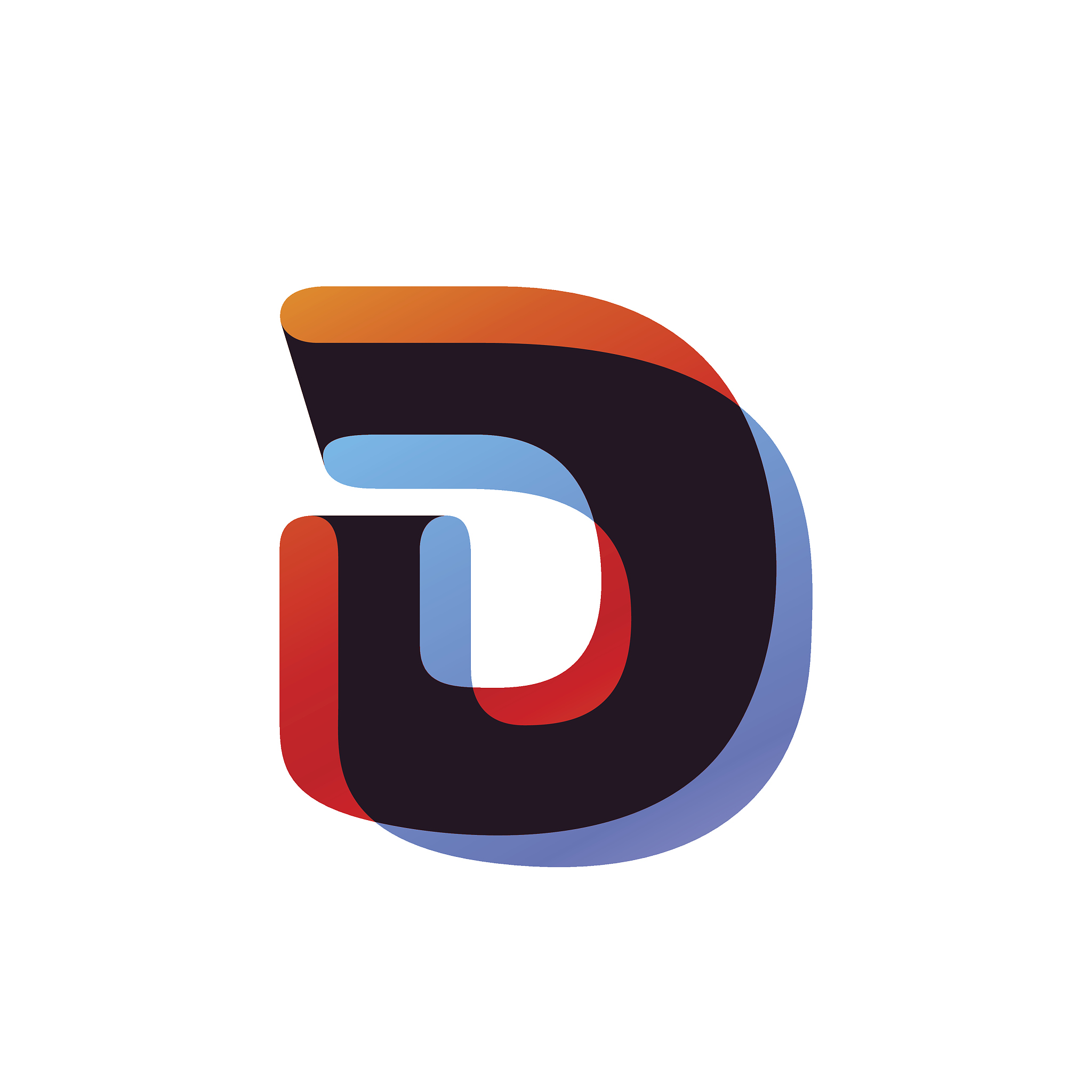letter d icon formed by colorful overlay ribbon.