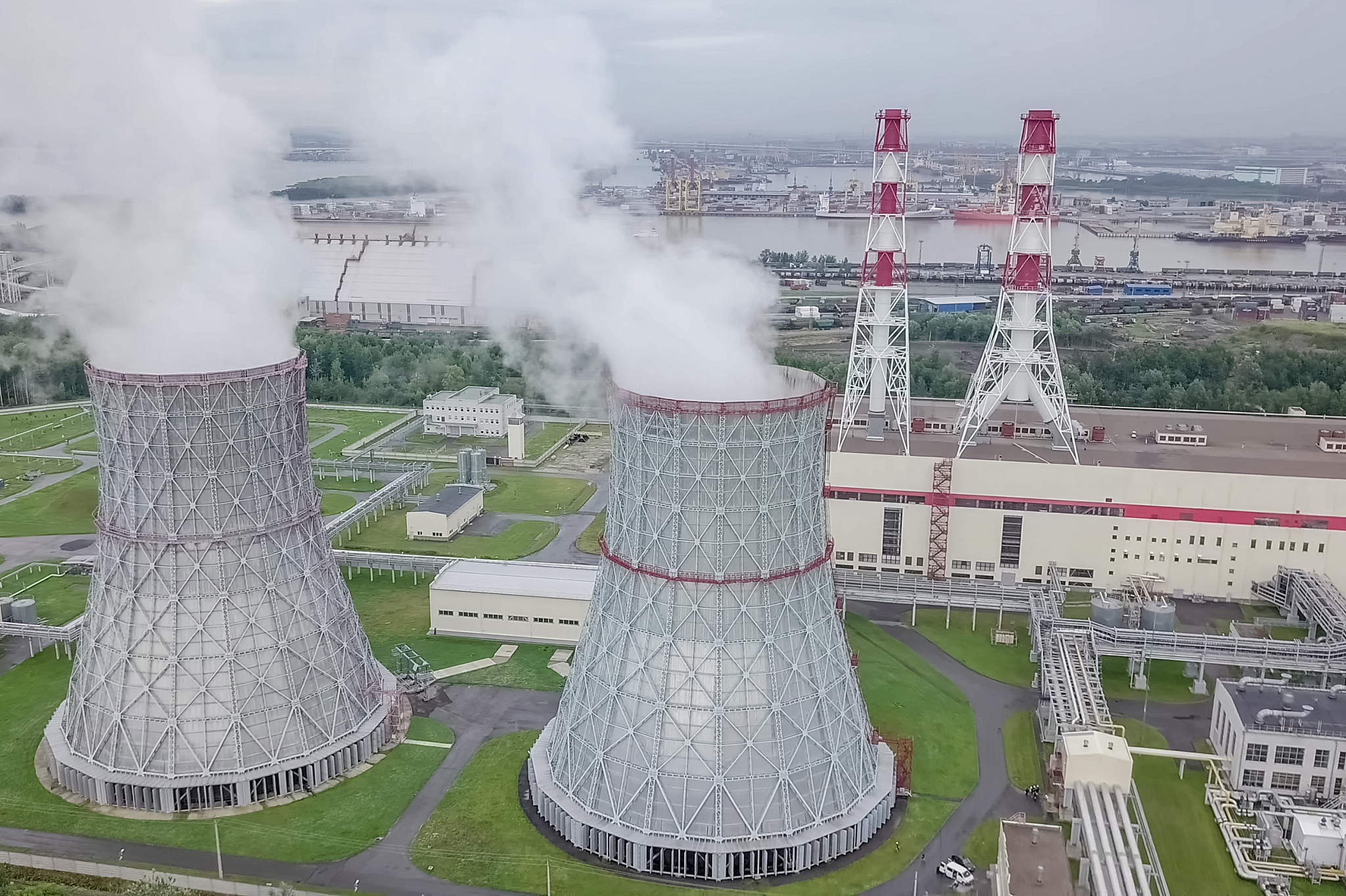 soaring steam towers of nuclear power plant.