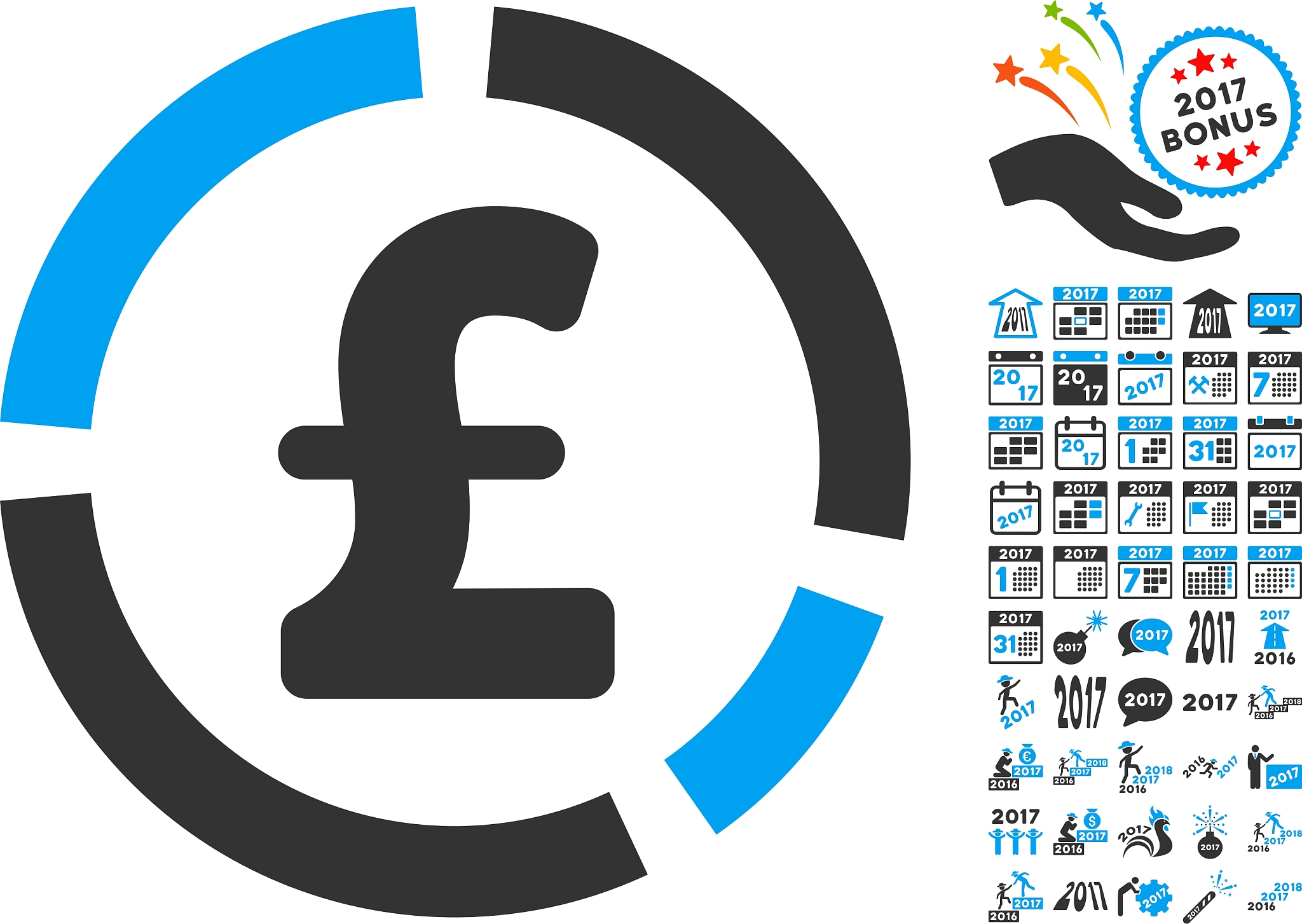 pound financial diagram icon with 2017 year bonus