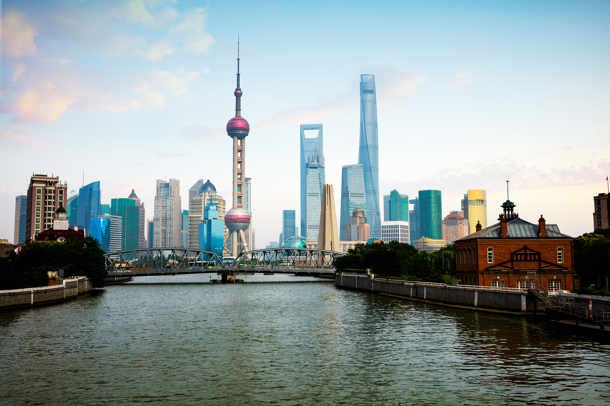 shanghai skyline with historical waibaidu bridge