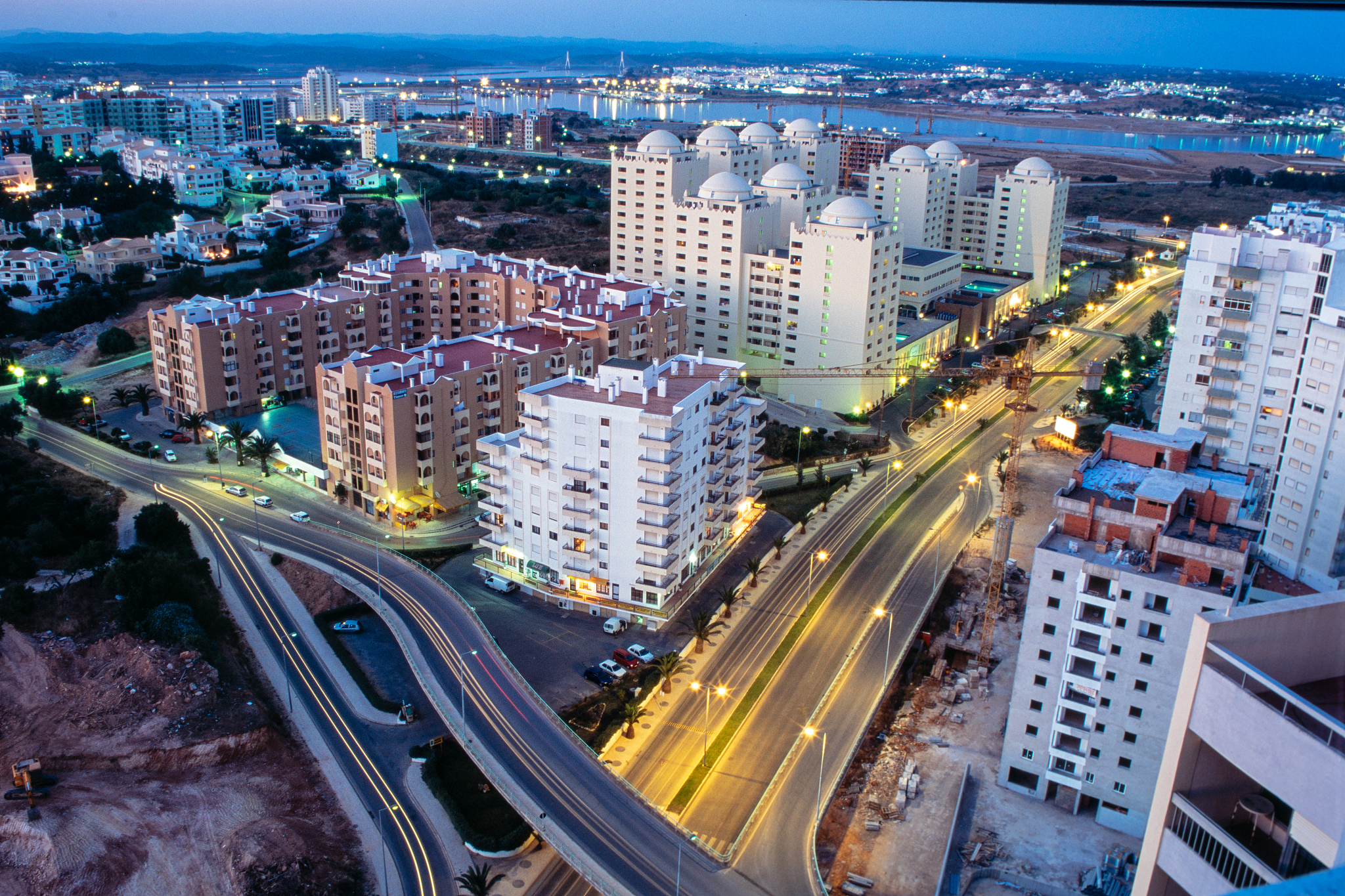 night aerial photography of the algarve city of portimo.