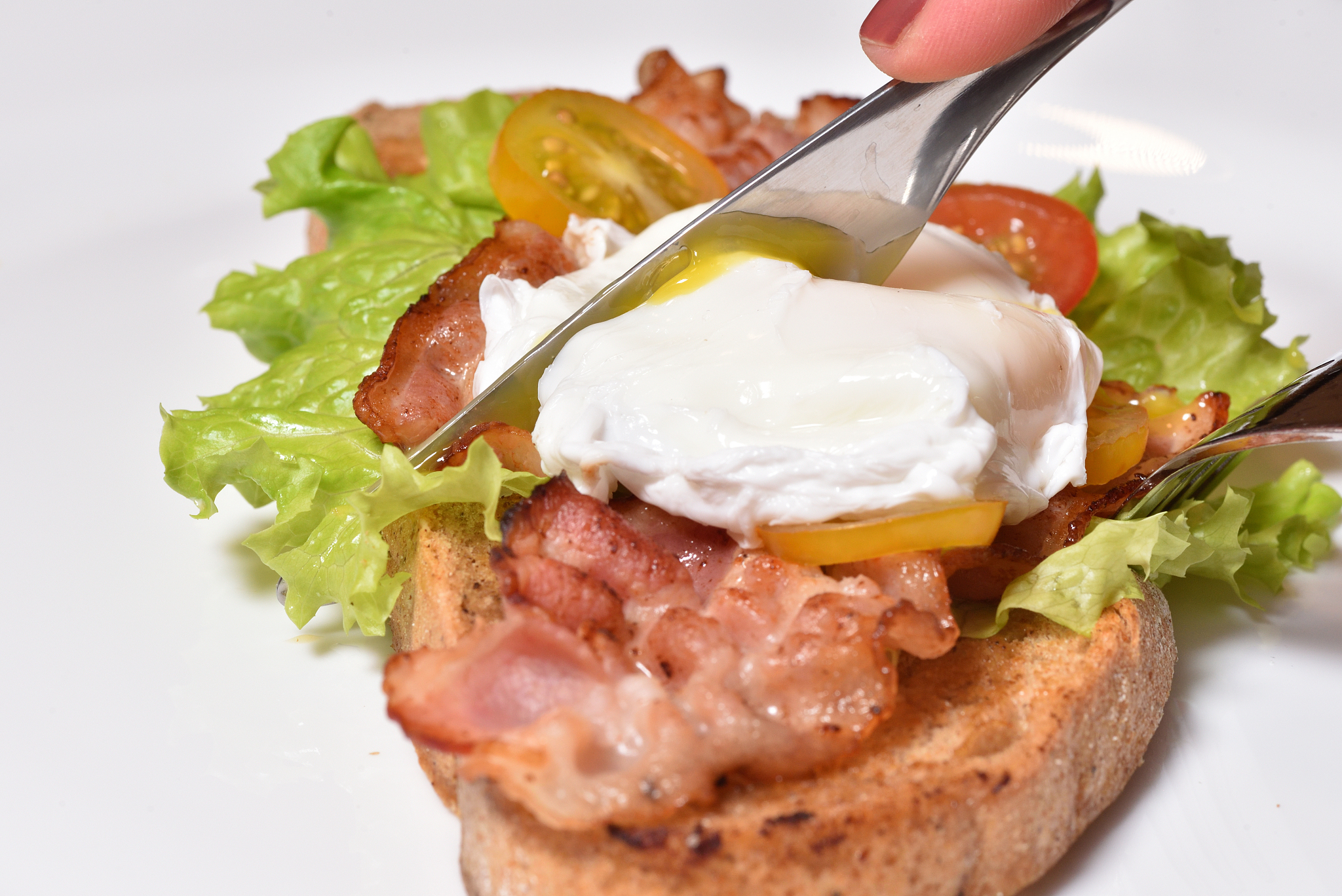 female hands cut a fried egg with a knife and a beautiful sandwi