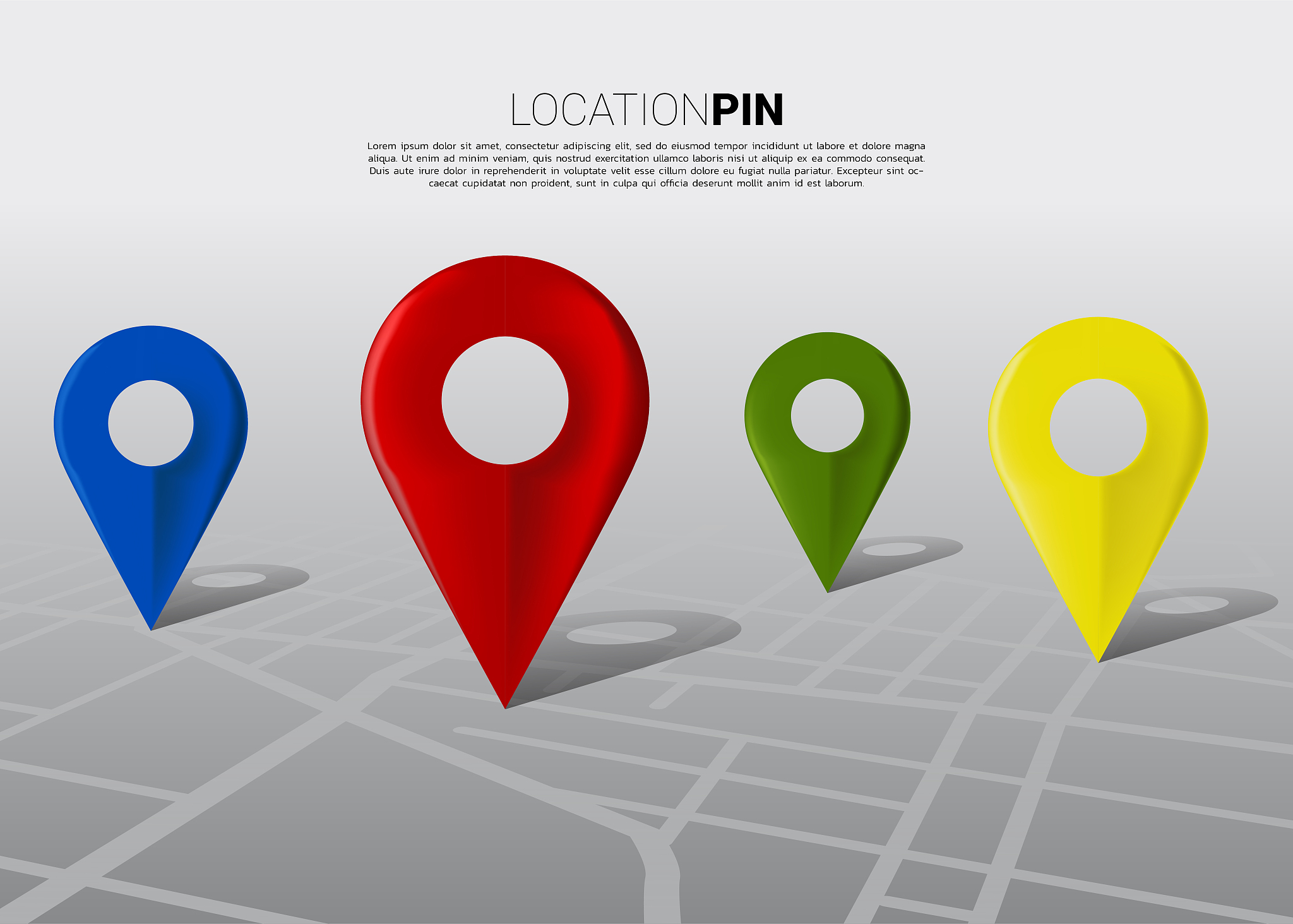 3d multi-color location pin marker on city road map.