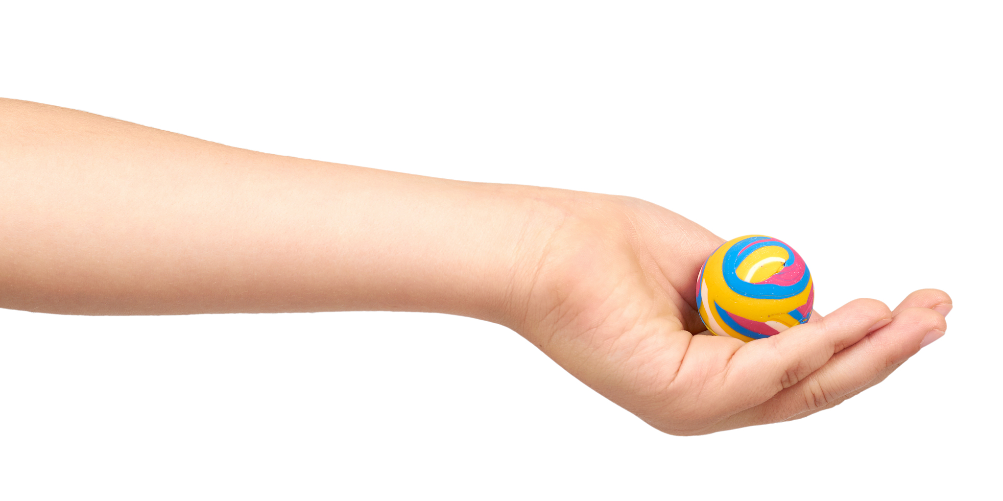 children hand with color rubber ball, kids educational toy.