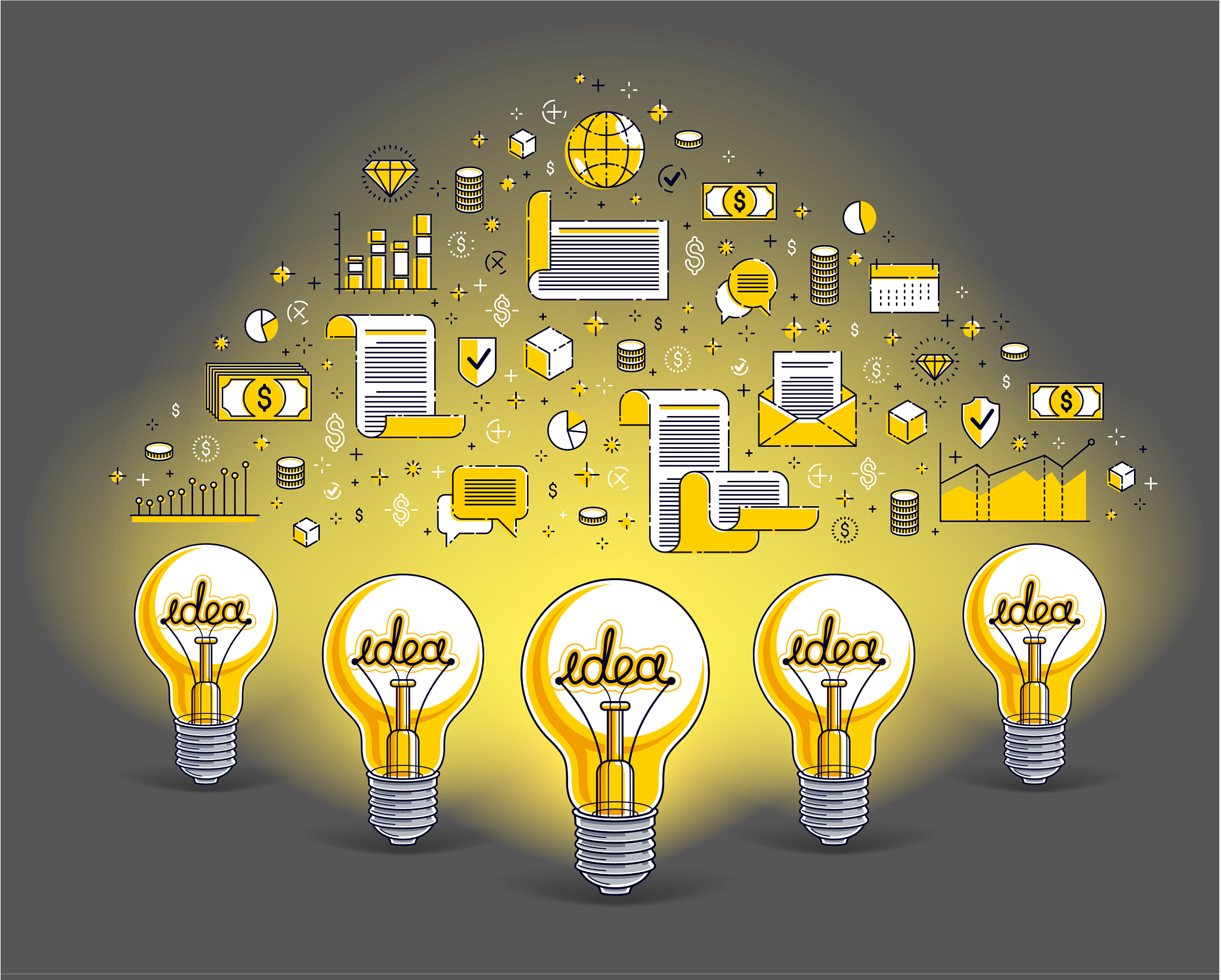 group shining light bulbs and set icons