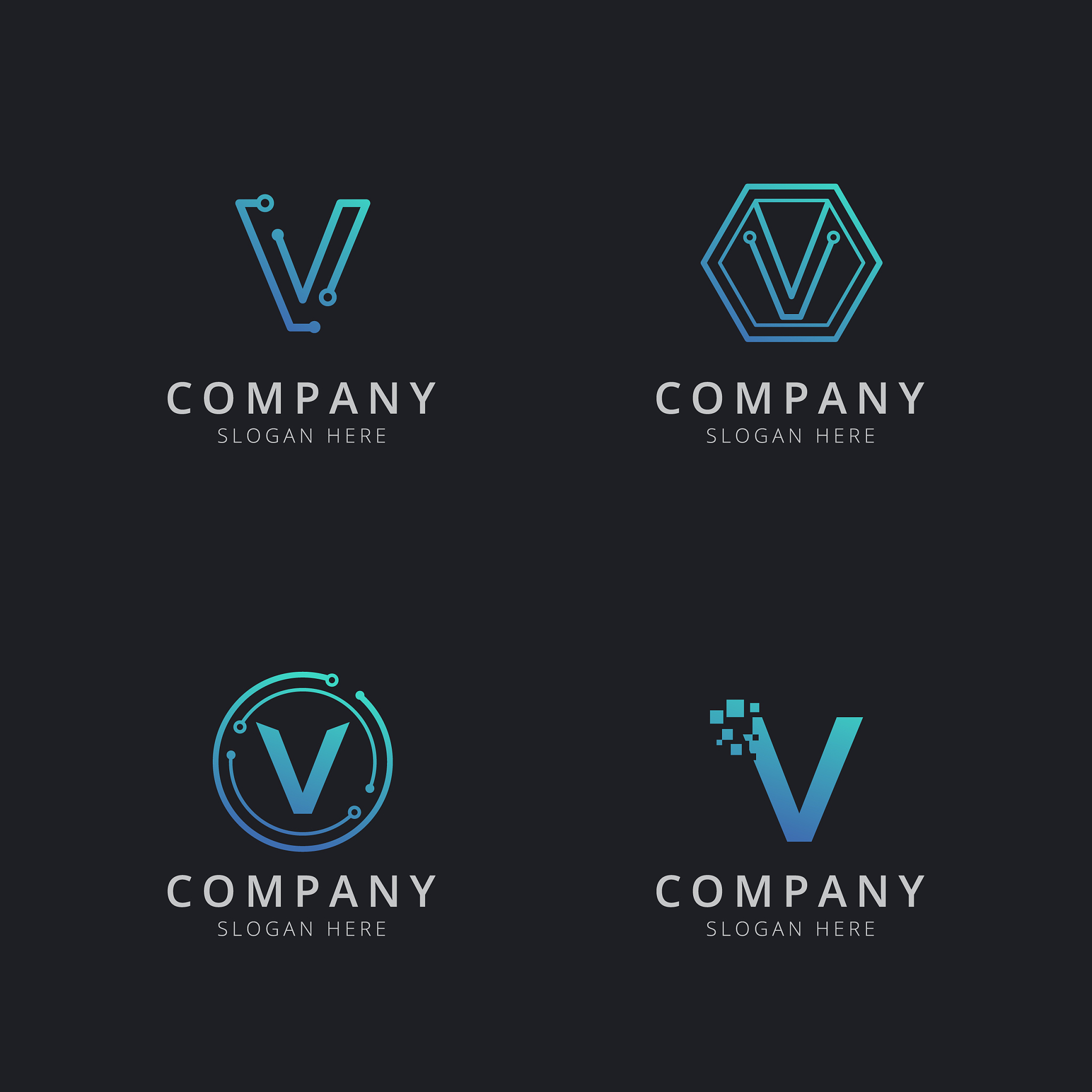 initial v logo with technology elements in blue color