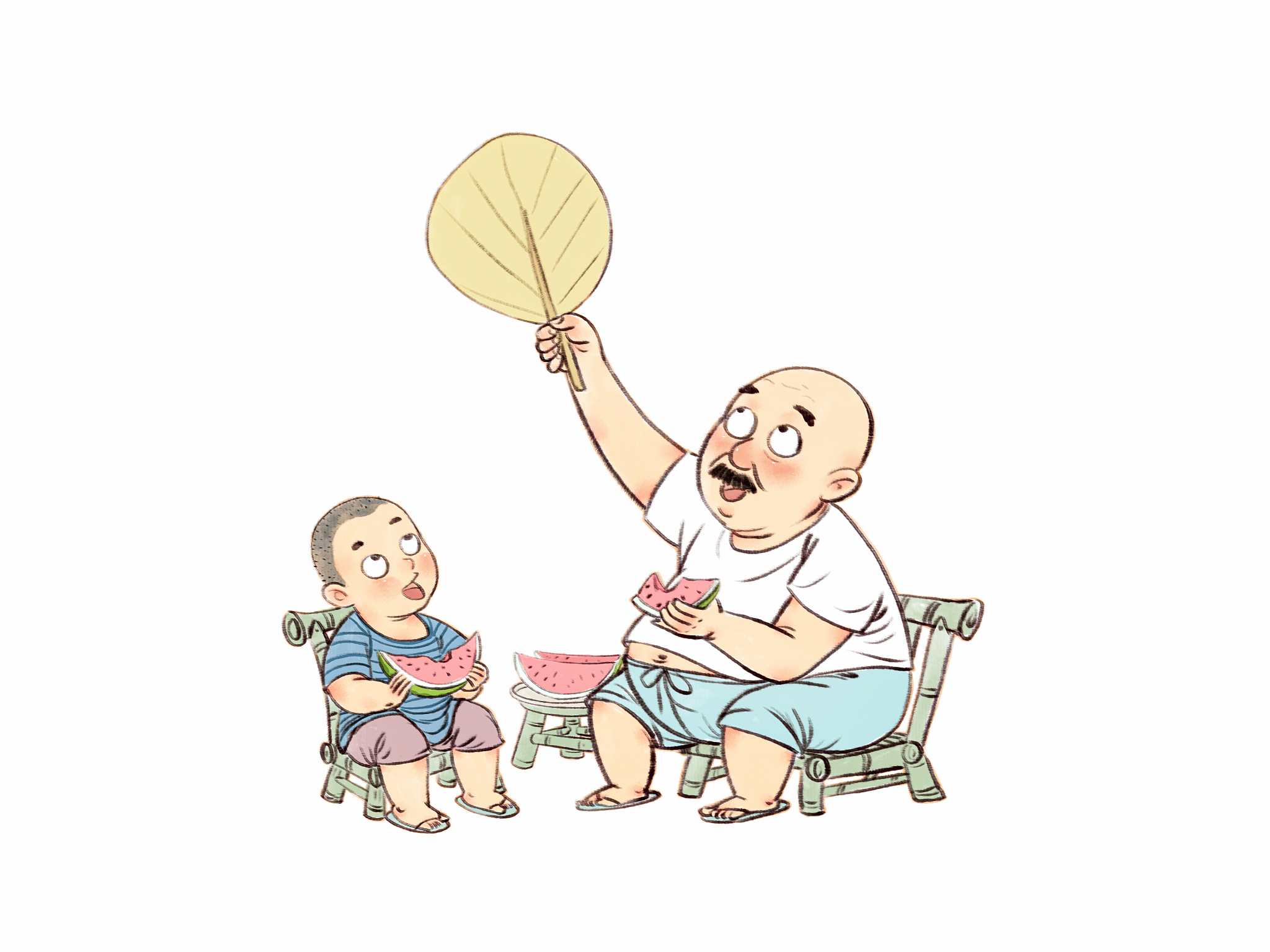 一年级看图写话：小红和奶奶、妈妈一起乘凉吃西瓜