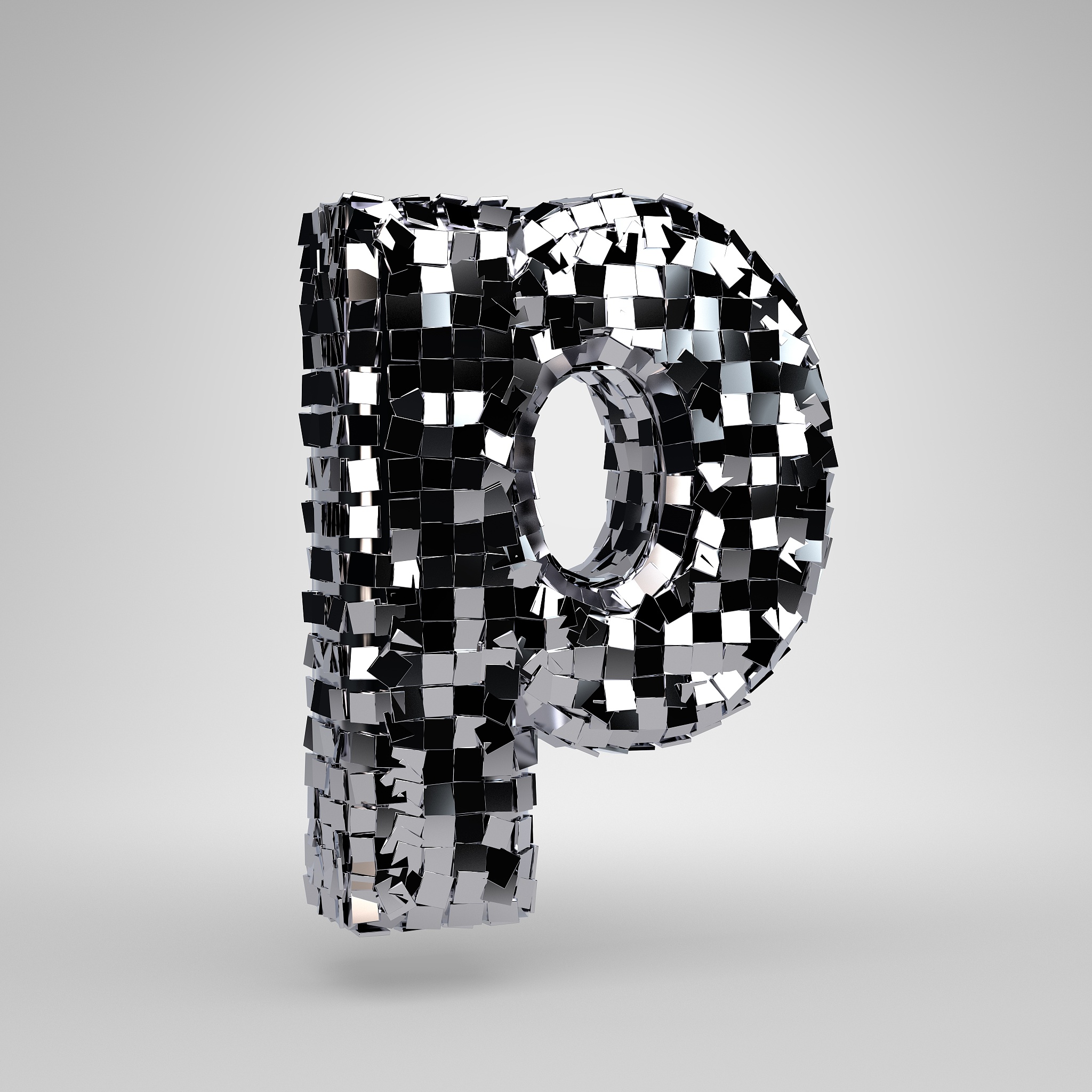 chrome disco ball lowercase letter p isolated on white backgroun