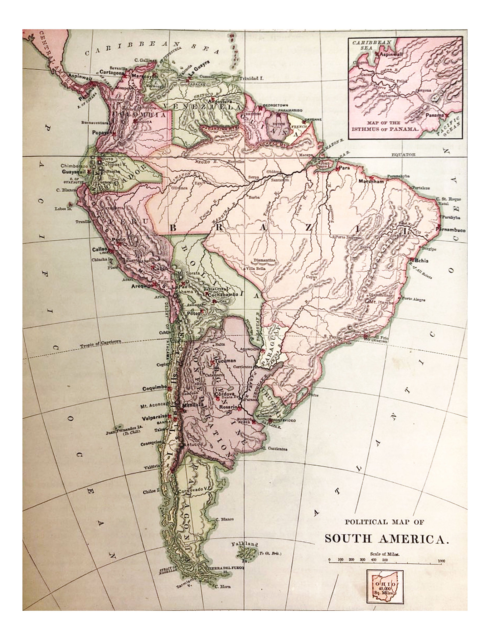 antique illustration - 1878 geography - political map of south a
