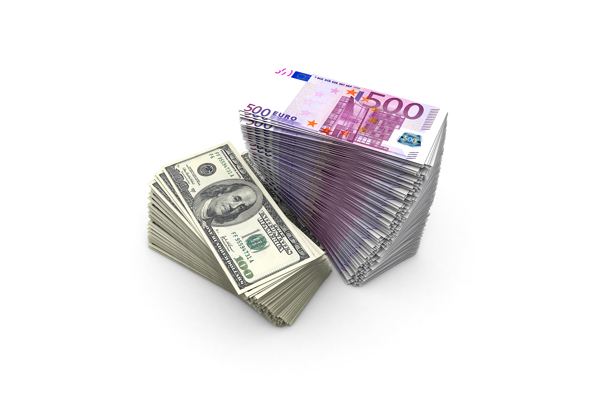 deck of five hundred euro and one hundred dollar banknotes on wh