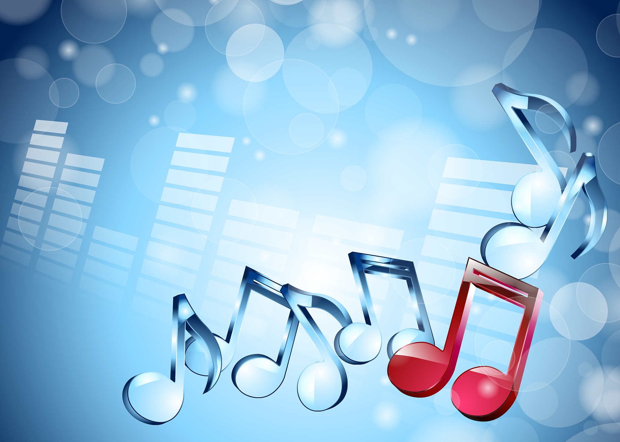 3d musical notes on shiny blue background