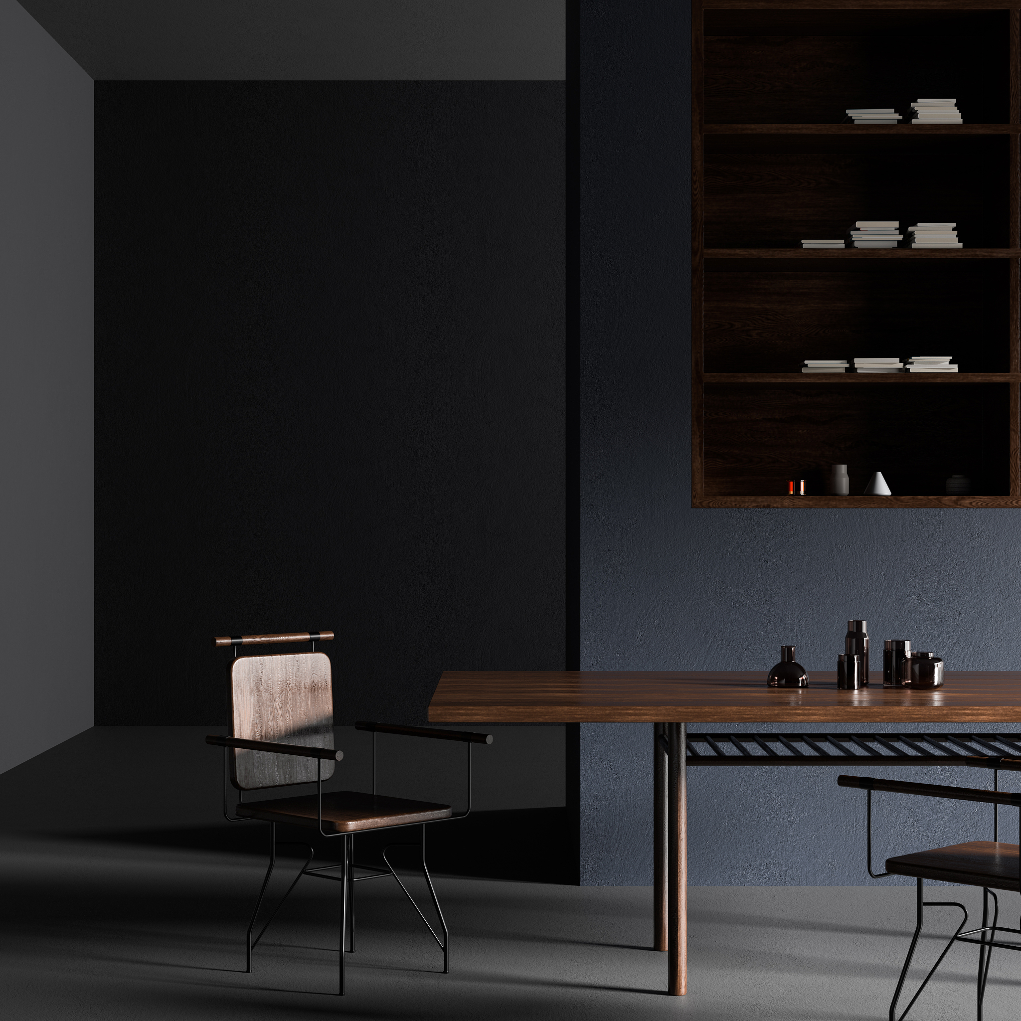 scandinavian style dining room with wooden chairs and table. min