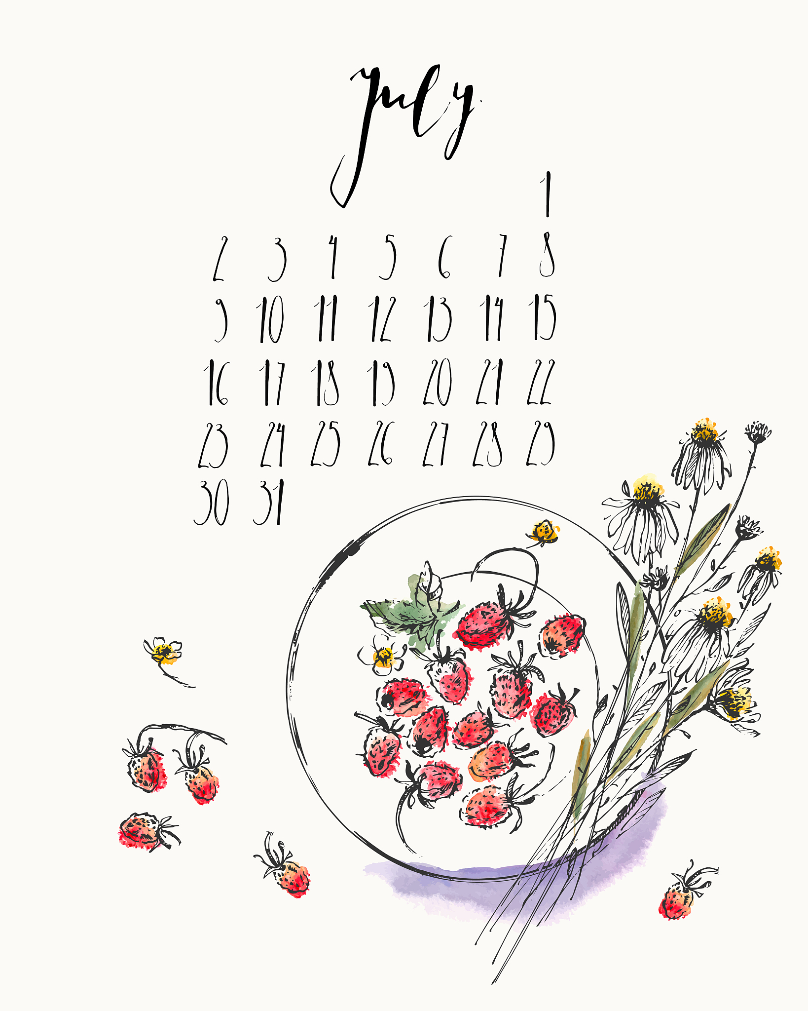 july 2018 calendar with ink calligraphy elements and wild strawb