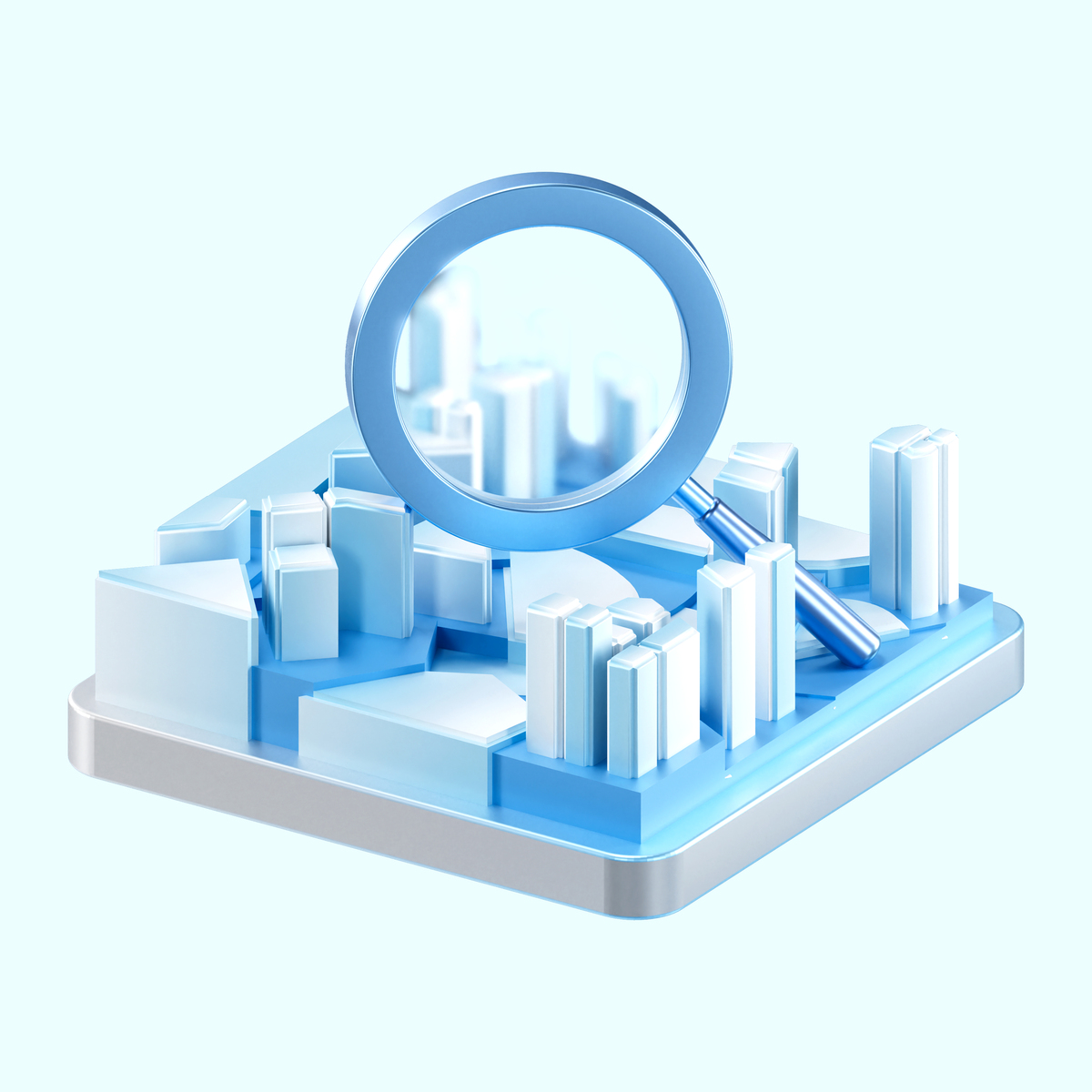 3d渲染的未来城市地图,带有蓝色位置标记和上方的搜索