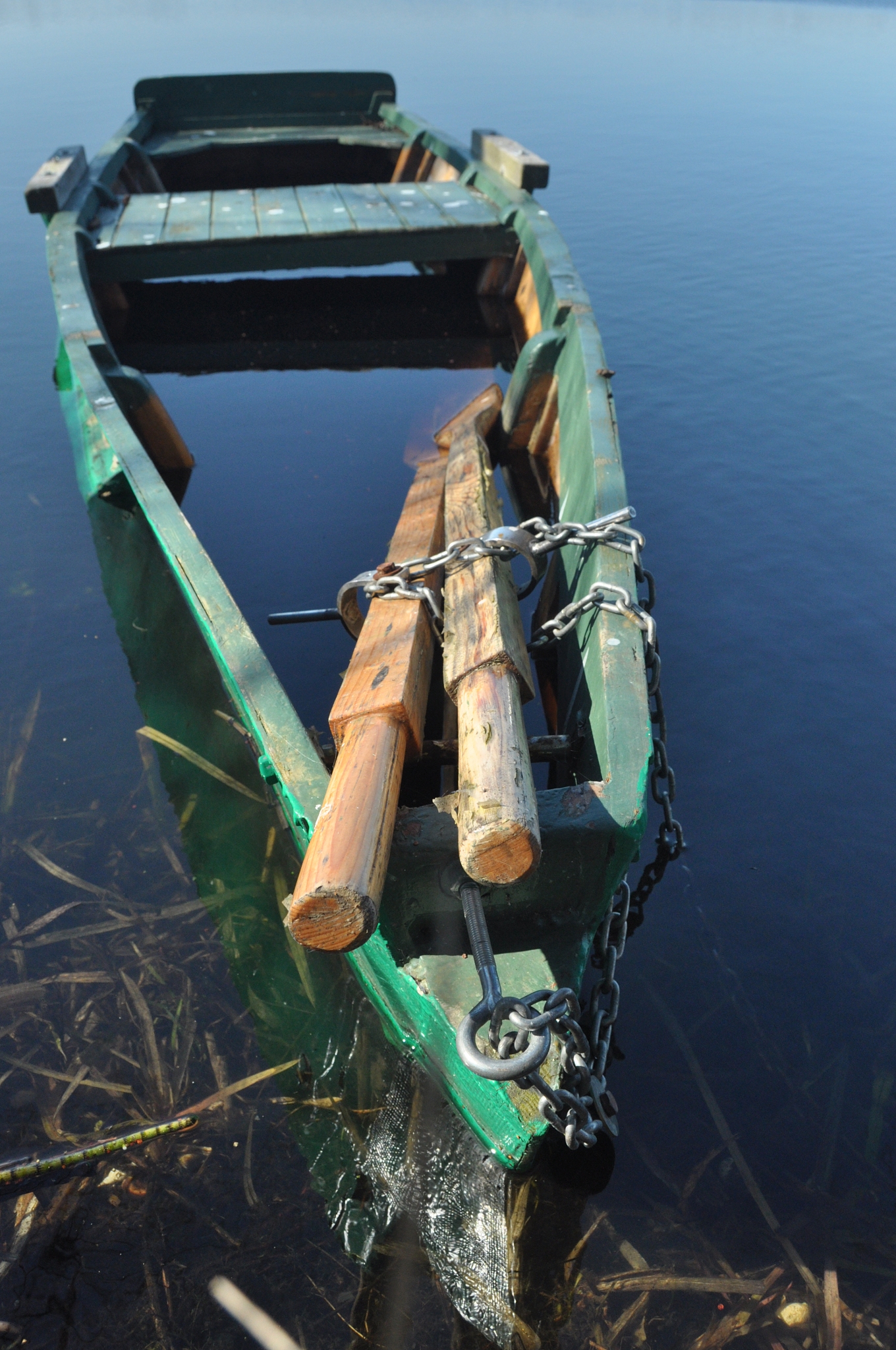 rowing boat moored to the shore. spring on the river. floating.