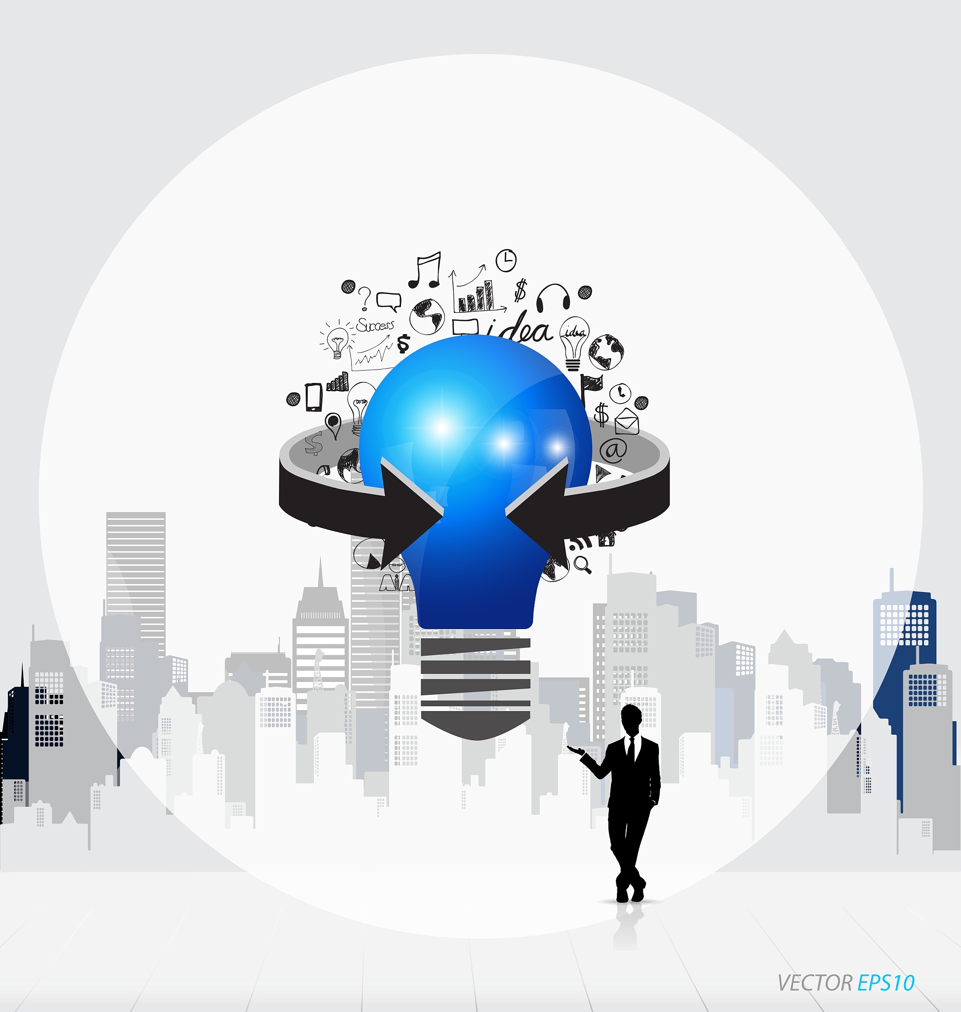 business people silhouettes and light bulb as