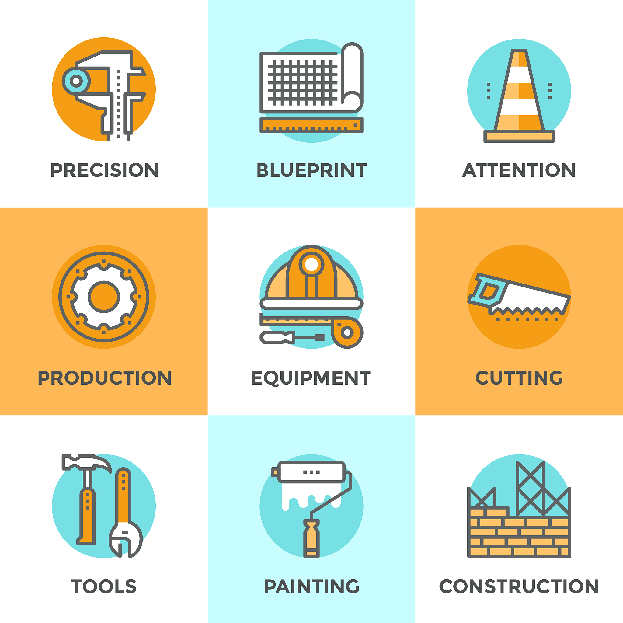construction equipment line icons set