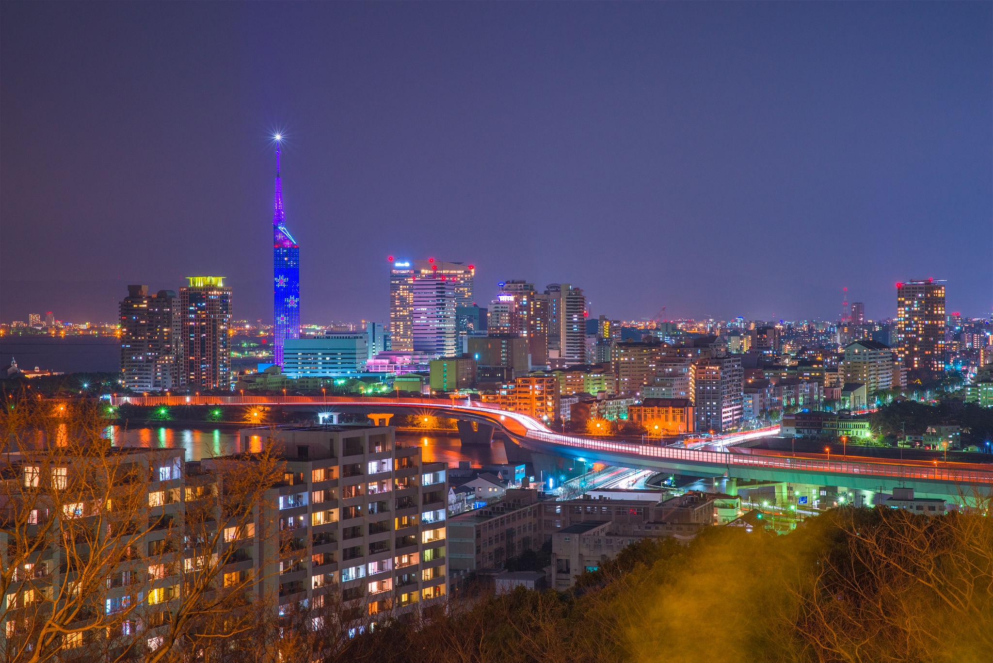night view at fukuoka, japan