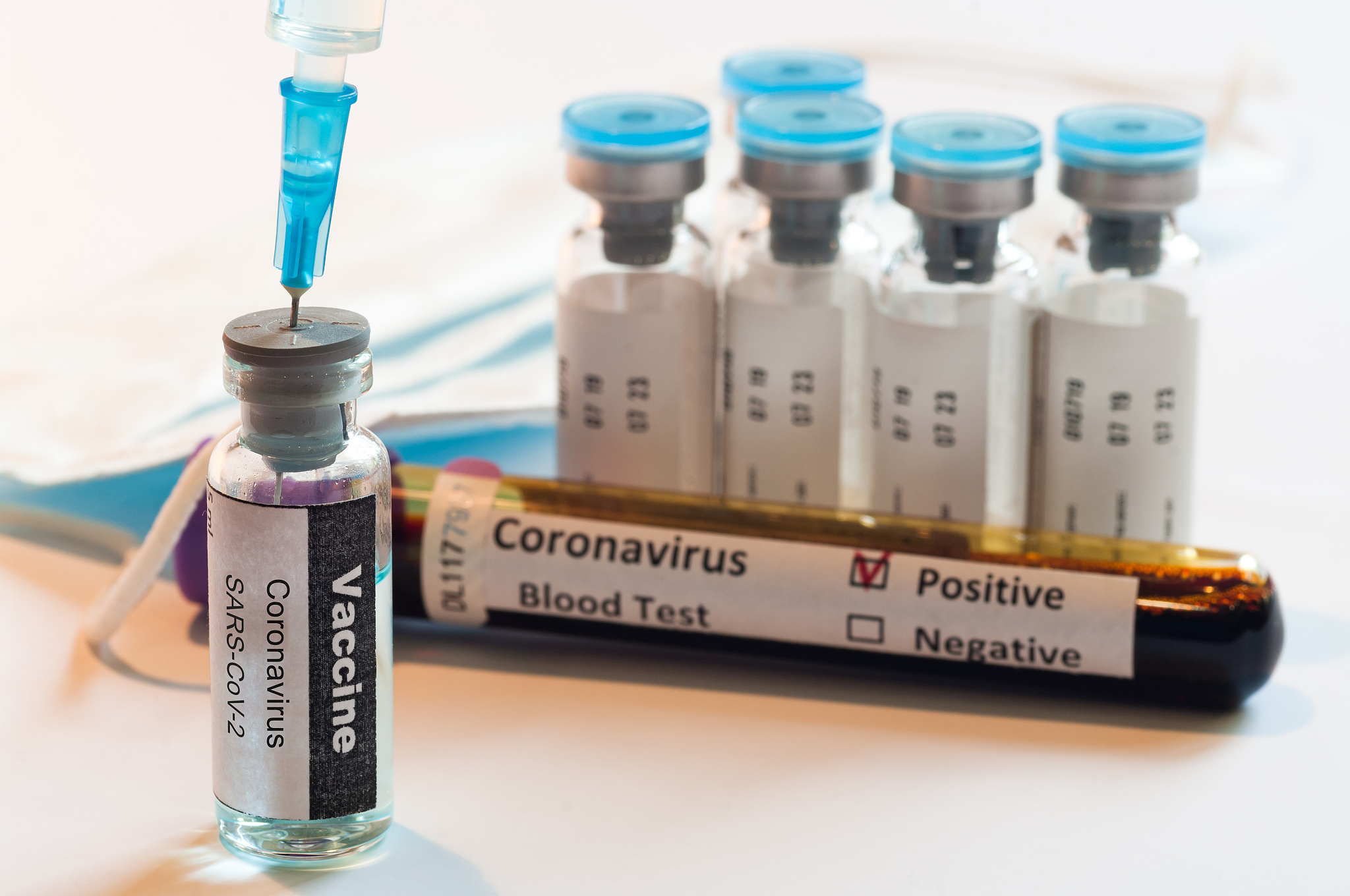 medical syringe with glass ampoule vial with coronavirus covid-1