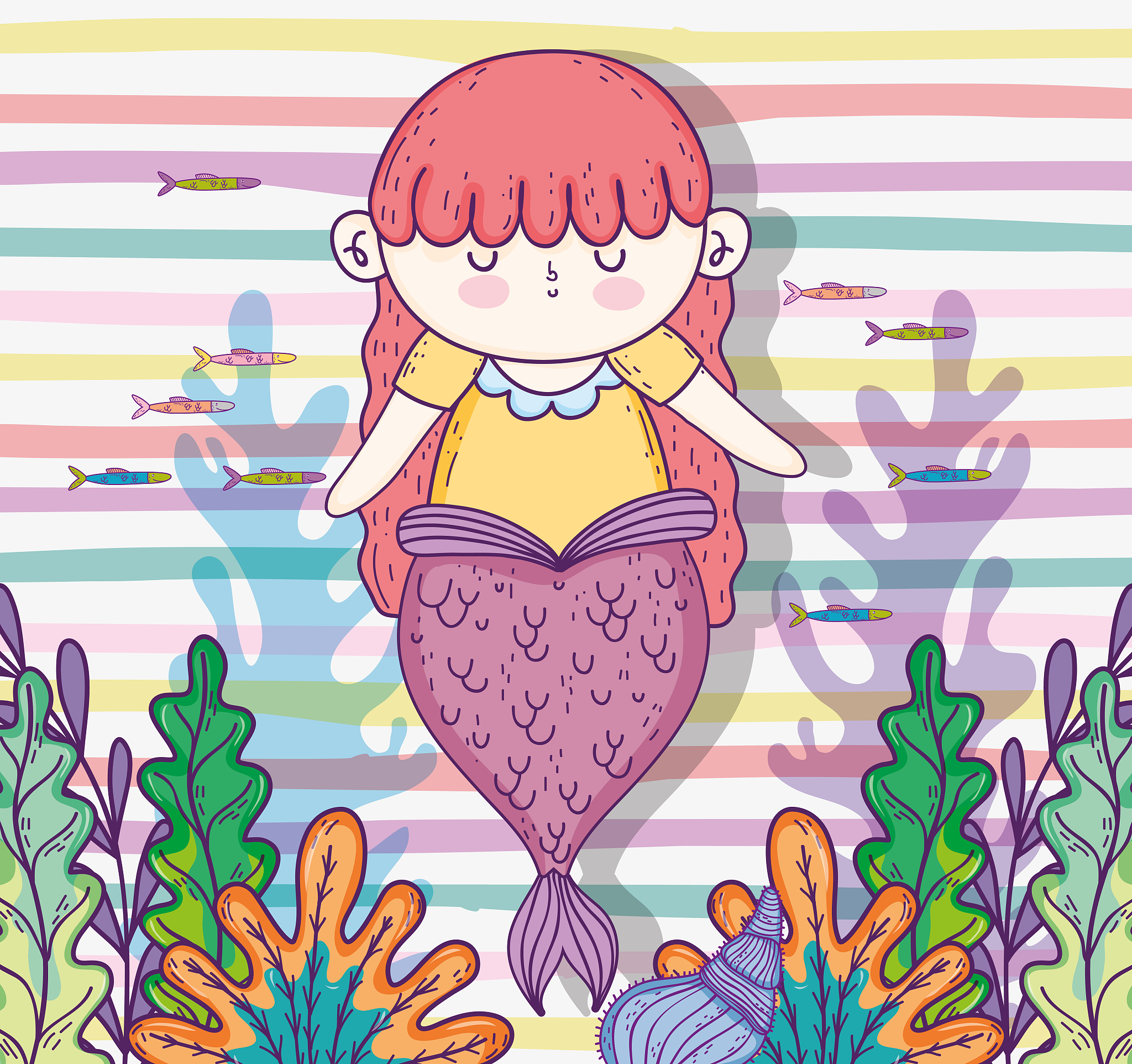 cute mermaid woman with seaweed plants