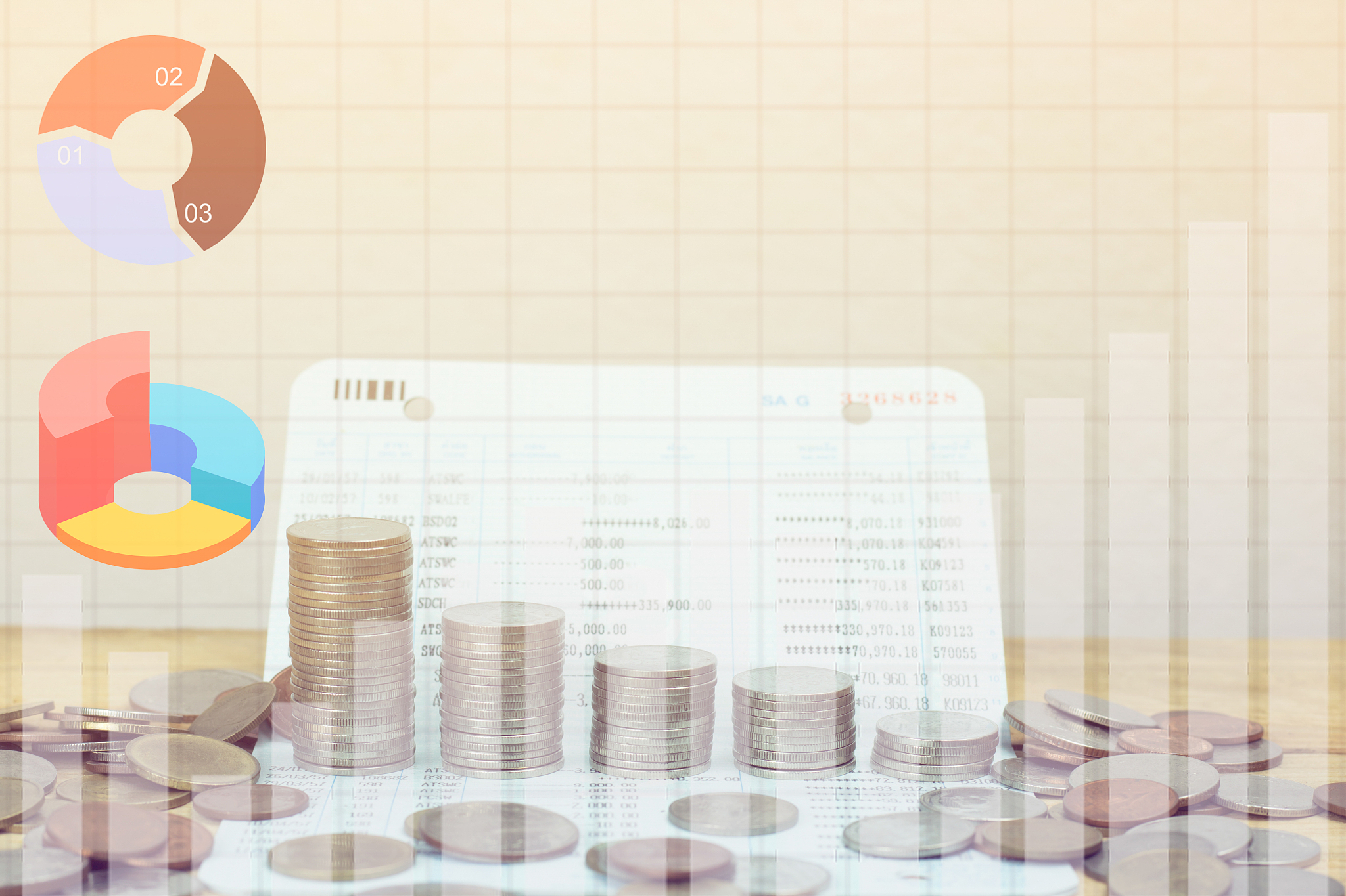 stacked of money coins with book bank  on wood table  background