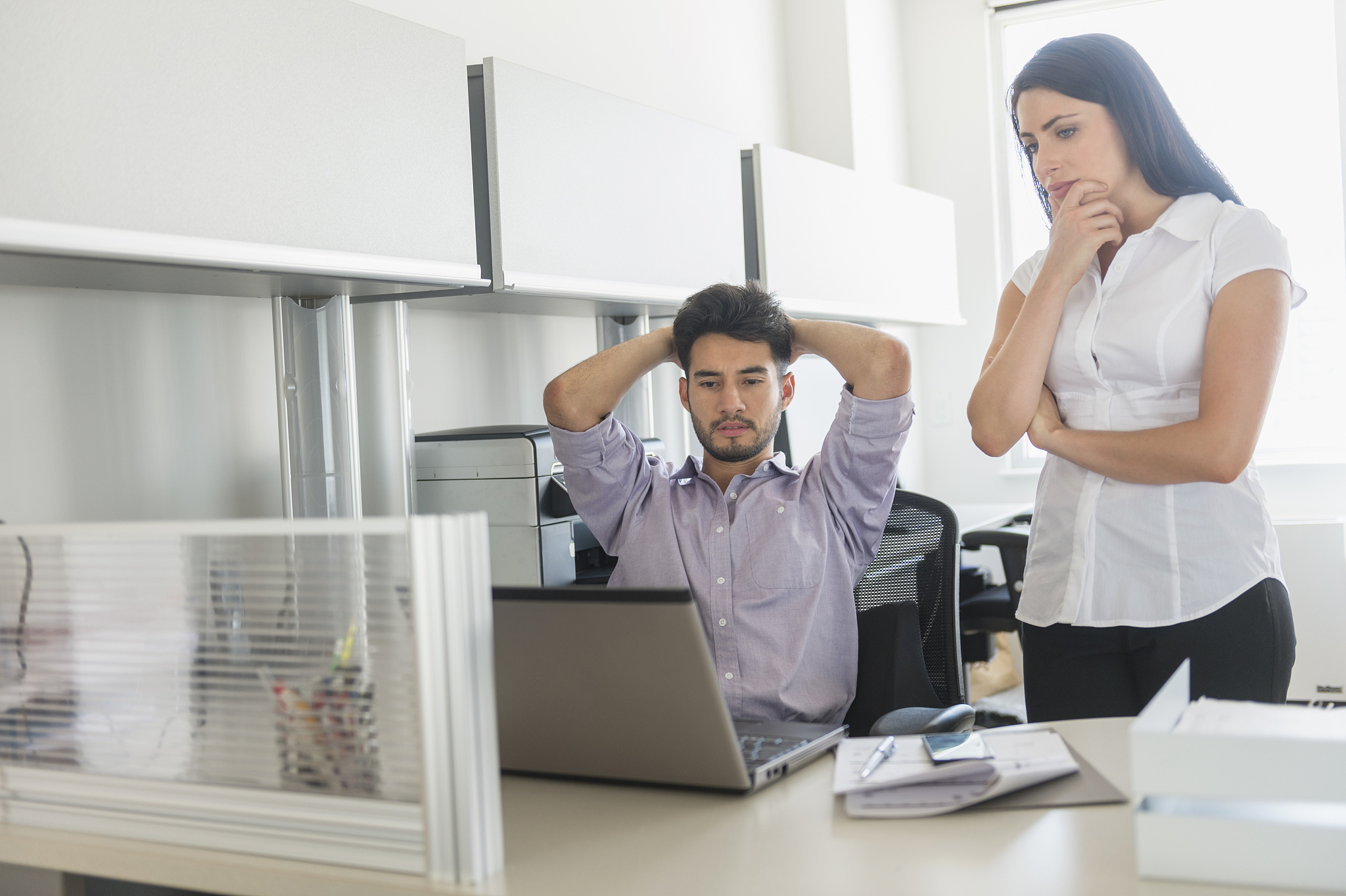 usa, new jersey, jersey city, business man and woman at work in 