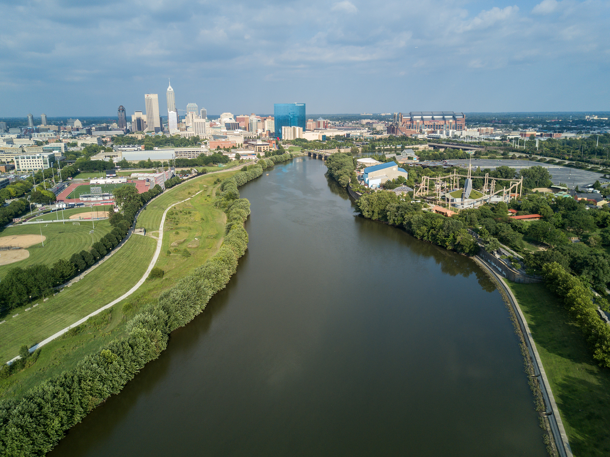 drone view on indianapolis downtown, usa