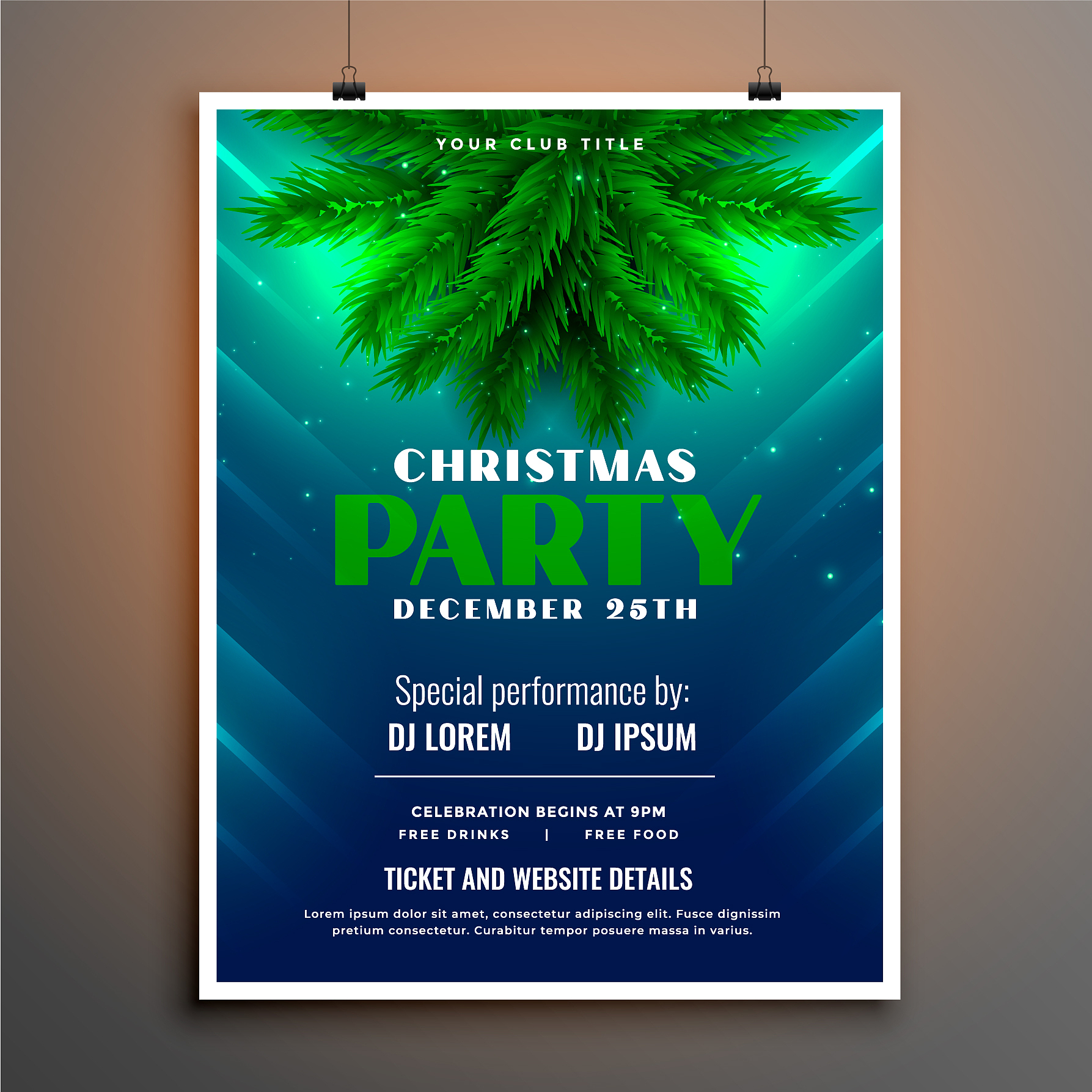 christmas party flyer with pine tree leaves