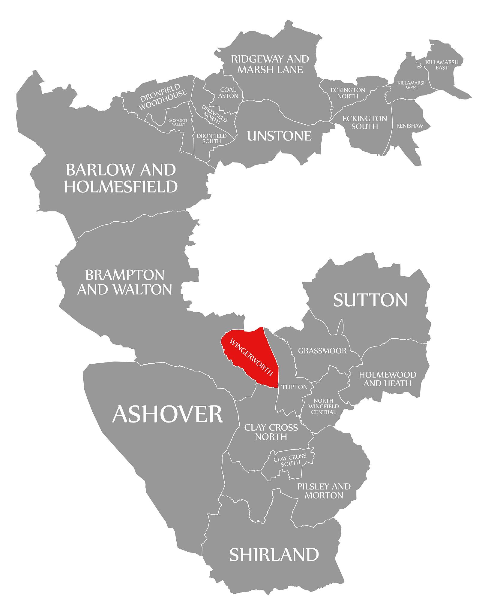 wingerworth red highlighted in map of north east derbyshire dist