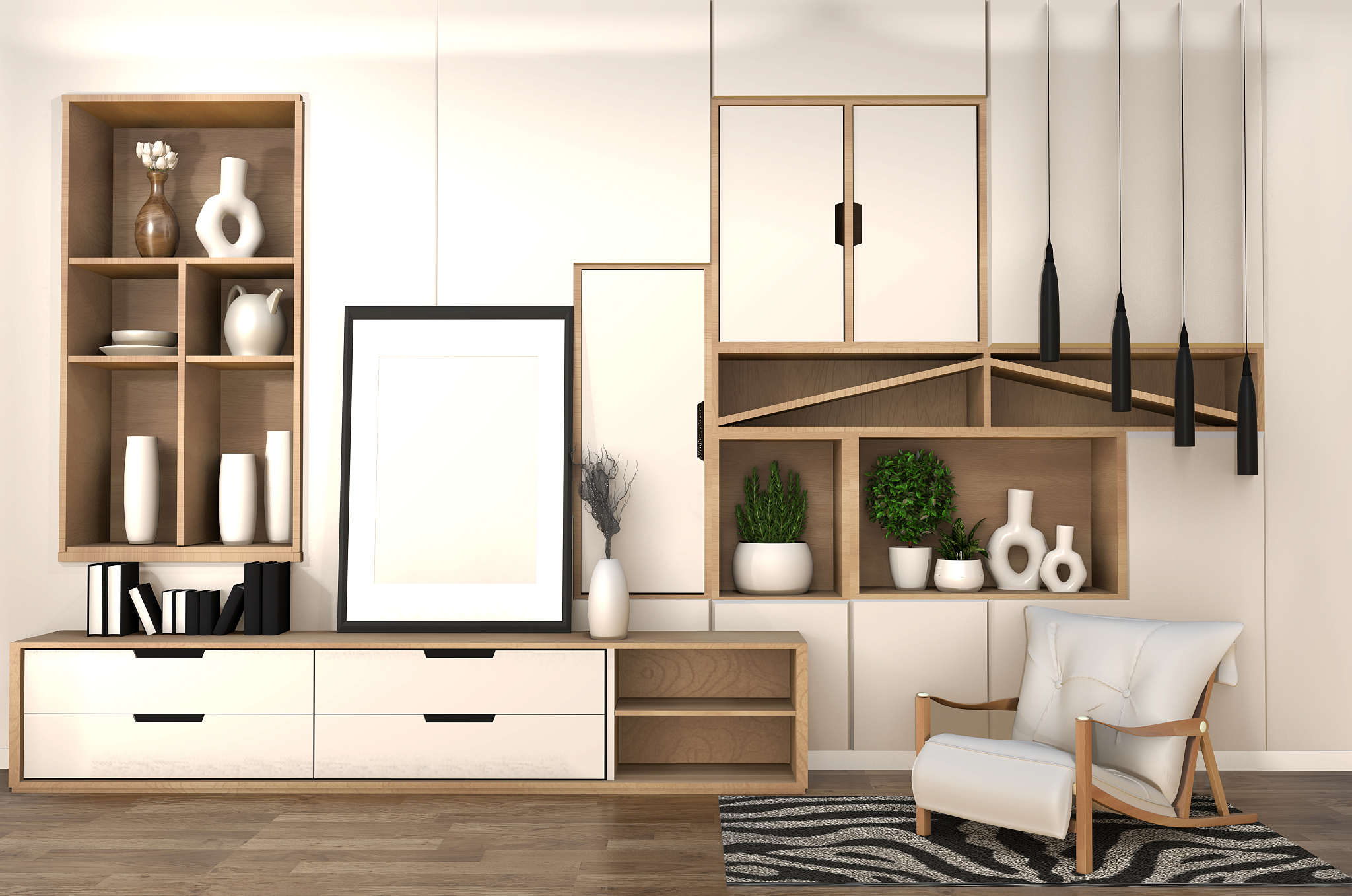wooden cabinet on room shelf wall minimalist and japanese interi