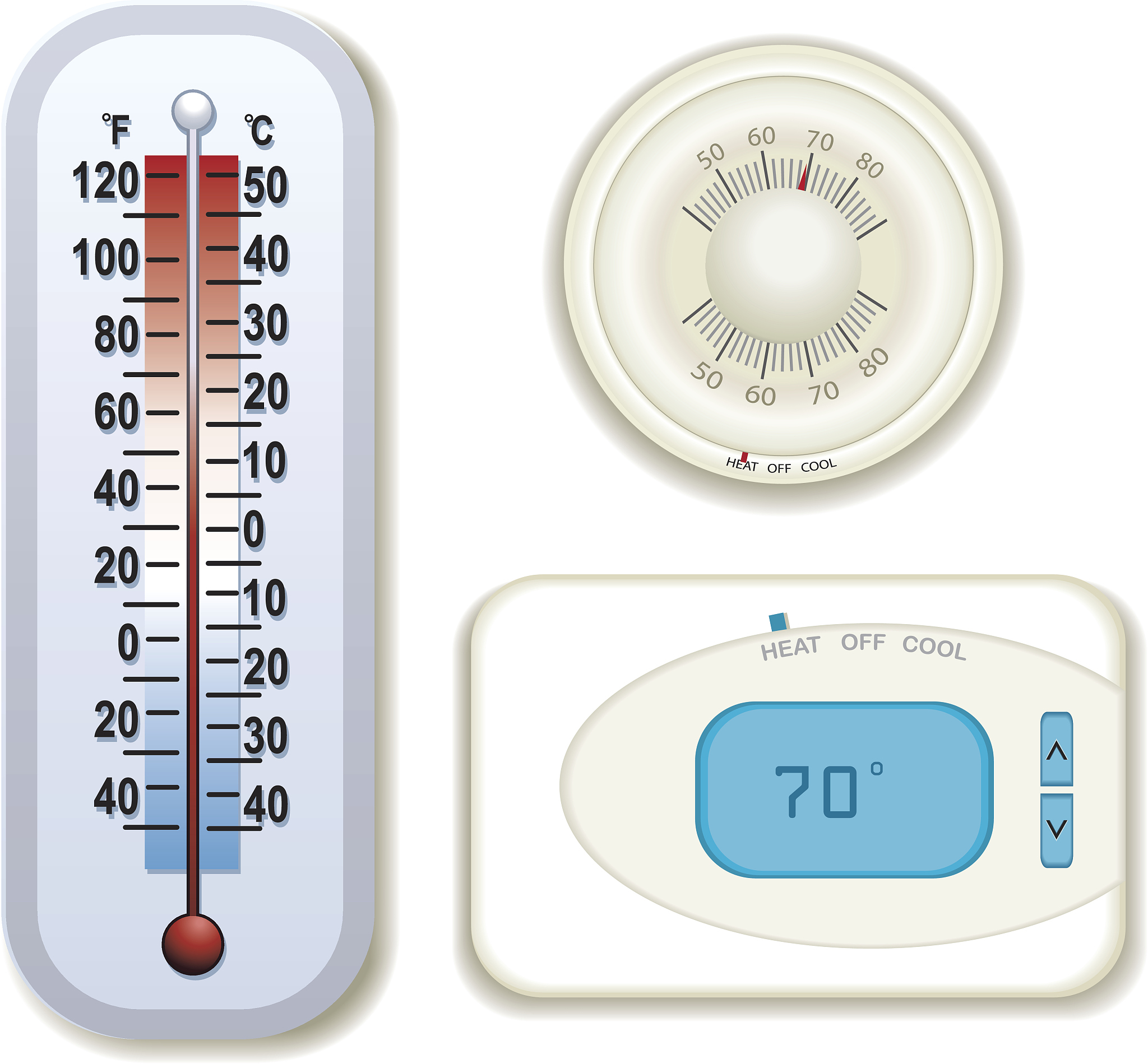 thermostats and thermometer in a variety of designs