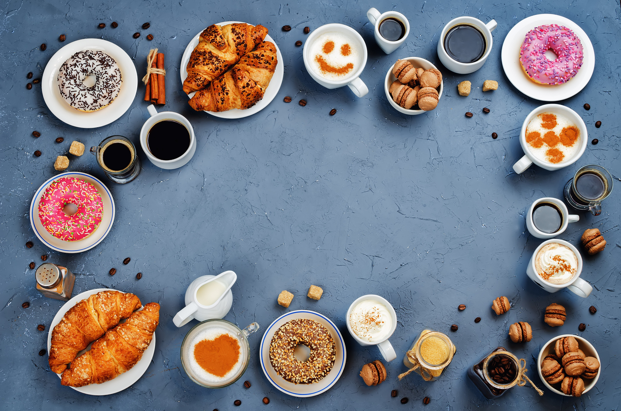 stone background with different types of coffee and desserts to 