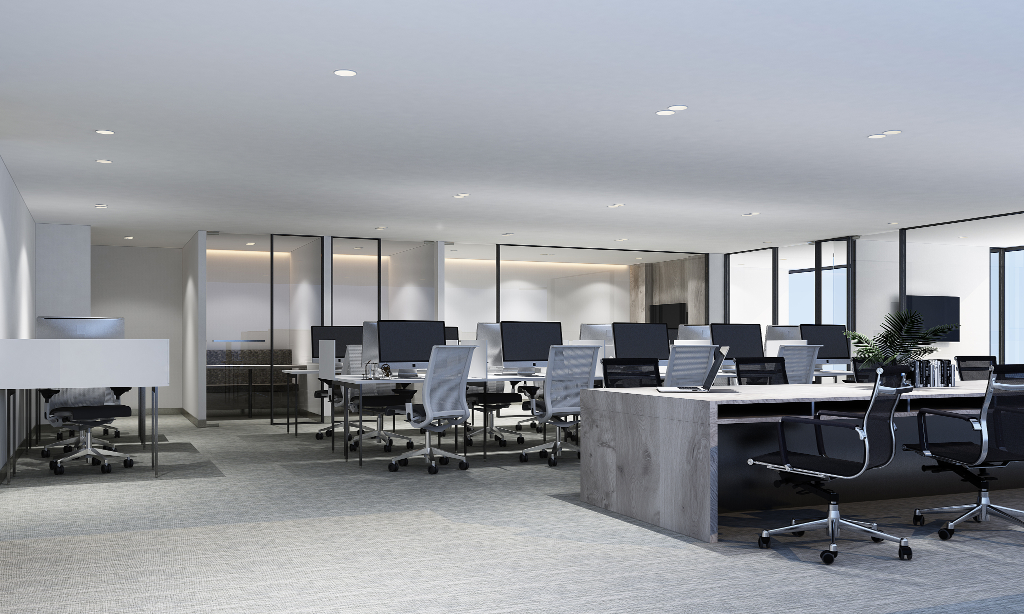 working area in modern office with carpet floor and meeting room