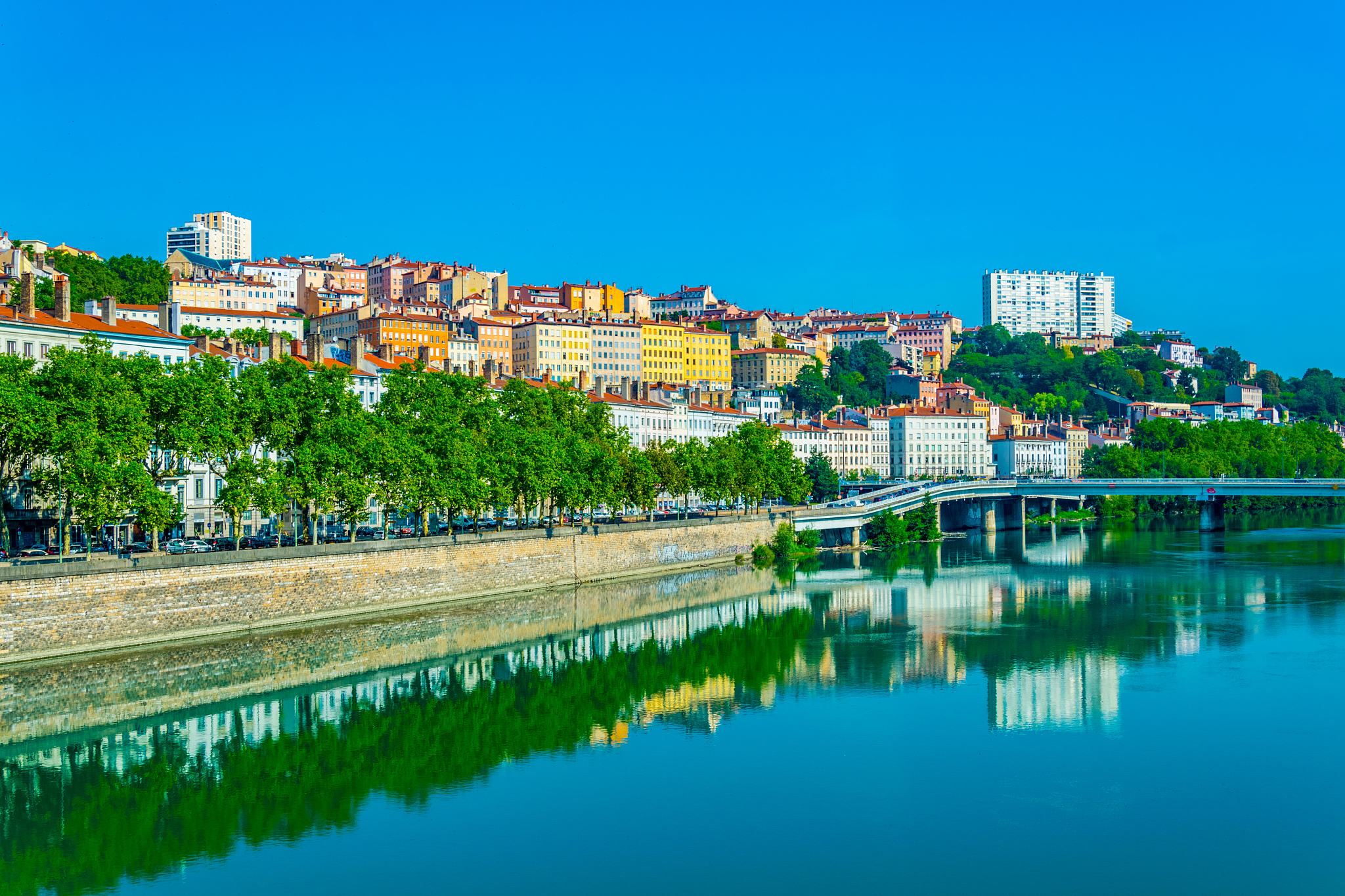 riverside of rhone river in lyon, france