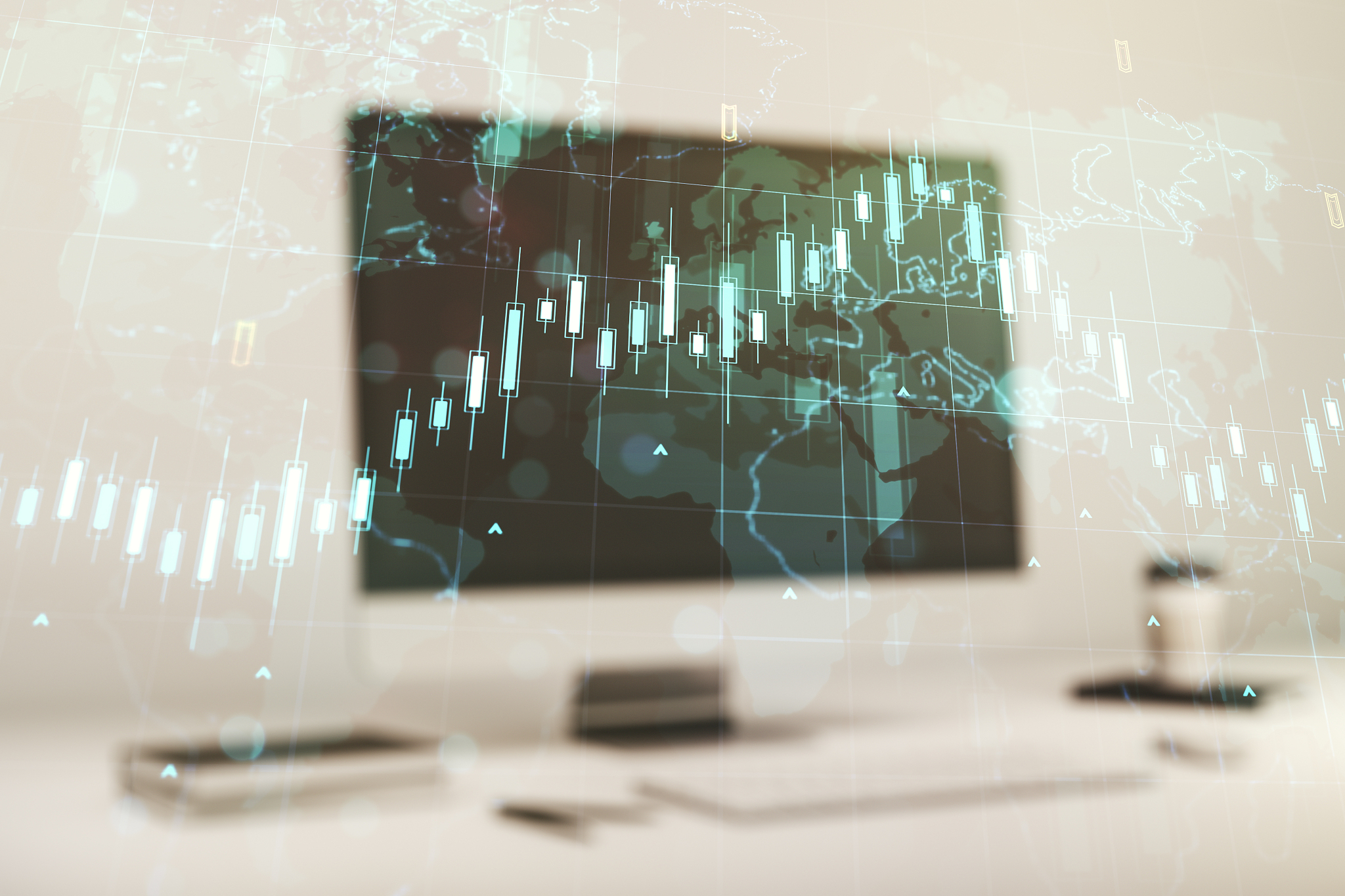 multi exposure of abstract financial diagram with world map on c