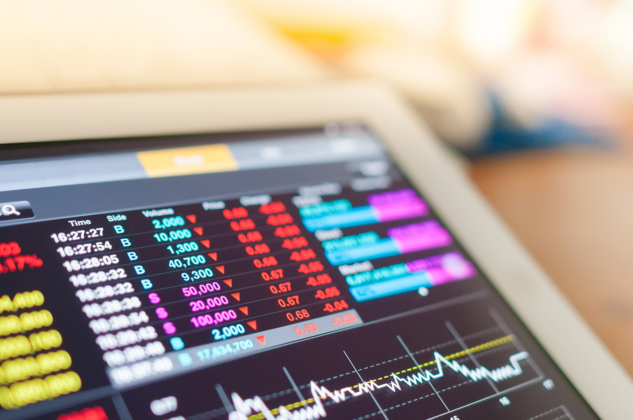 stock market analysis in digital tablet display screen