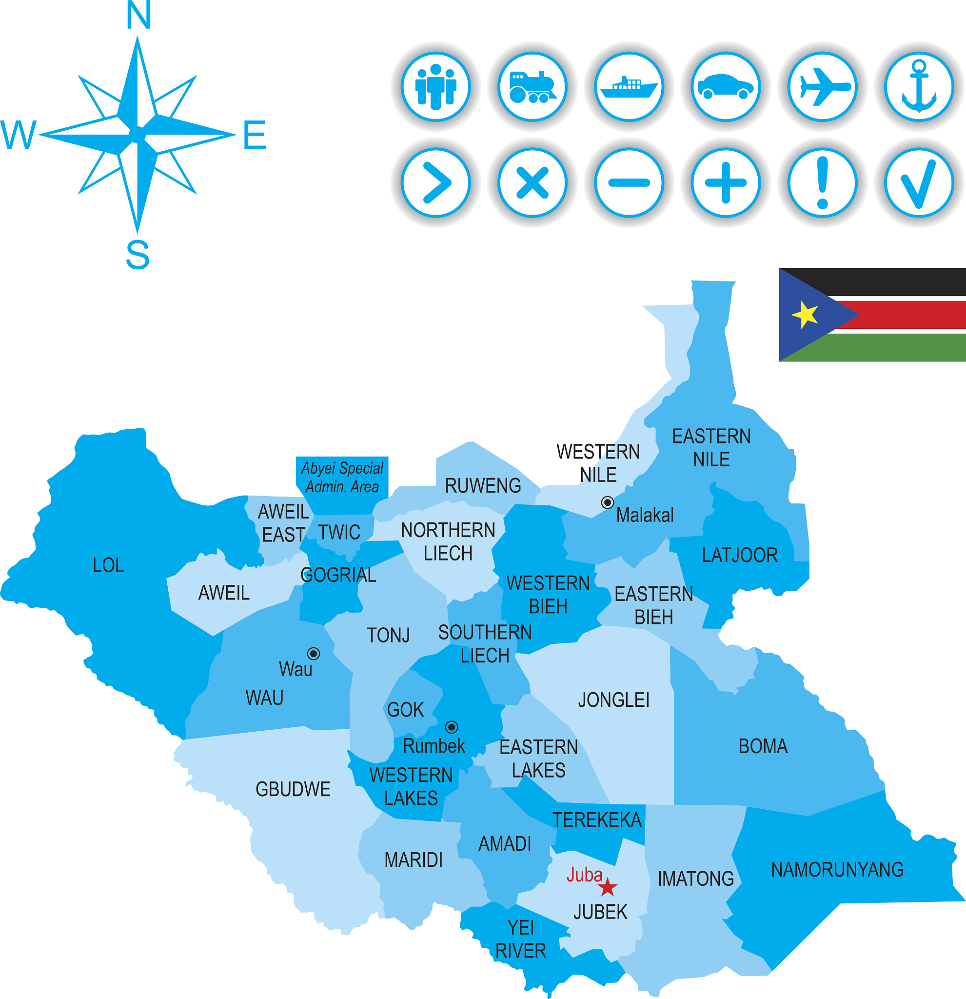 map of south sudan with flag, icons and key