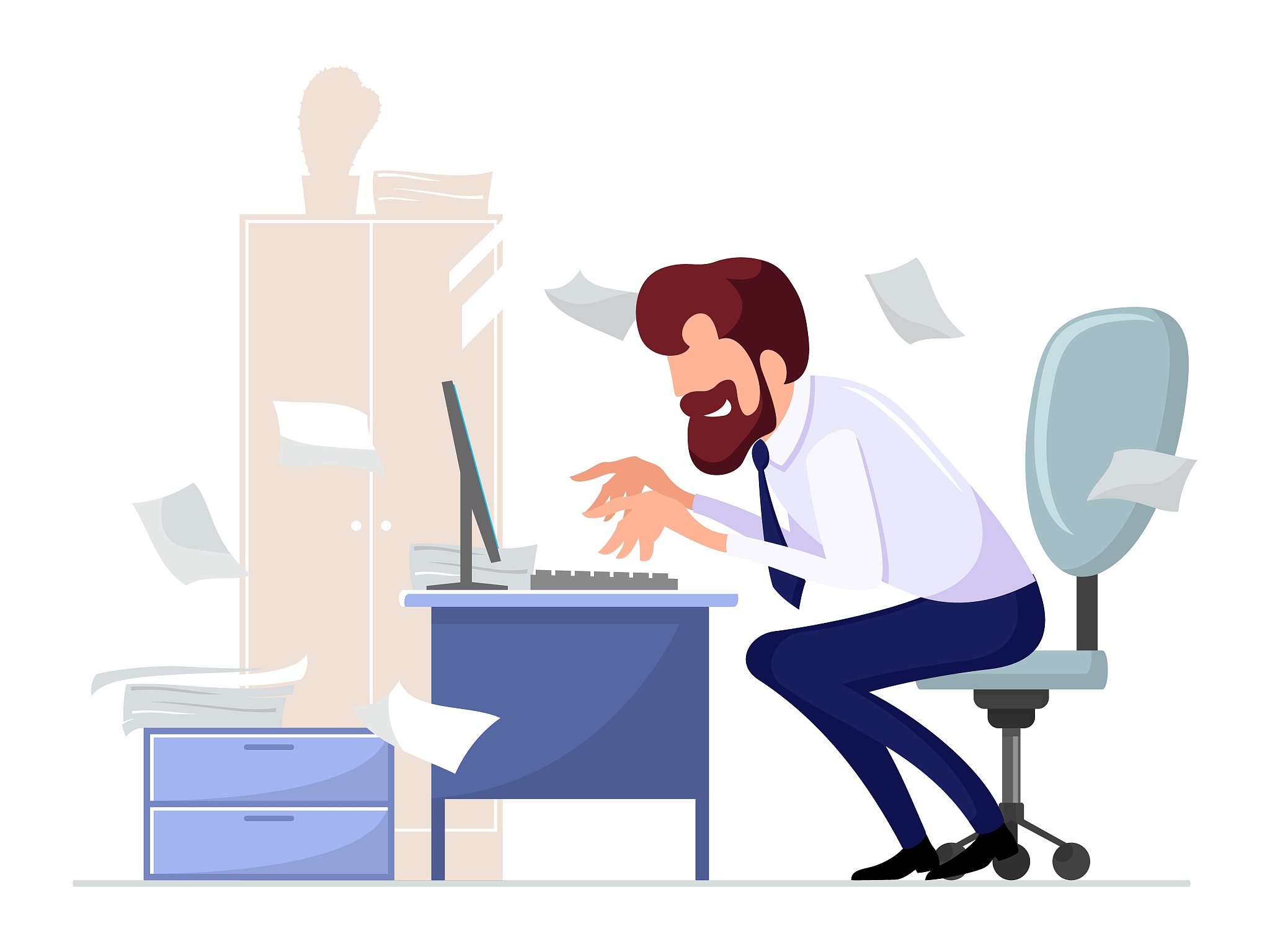 bearded office worker sitting on chair at computer desk, working